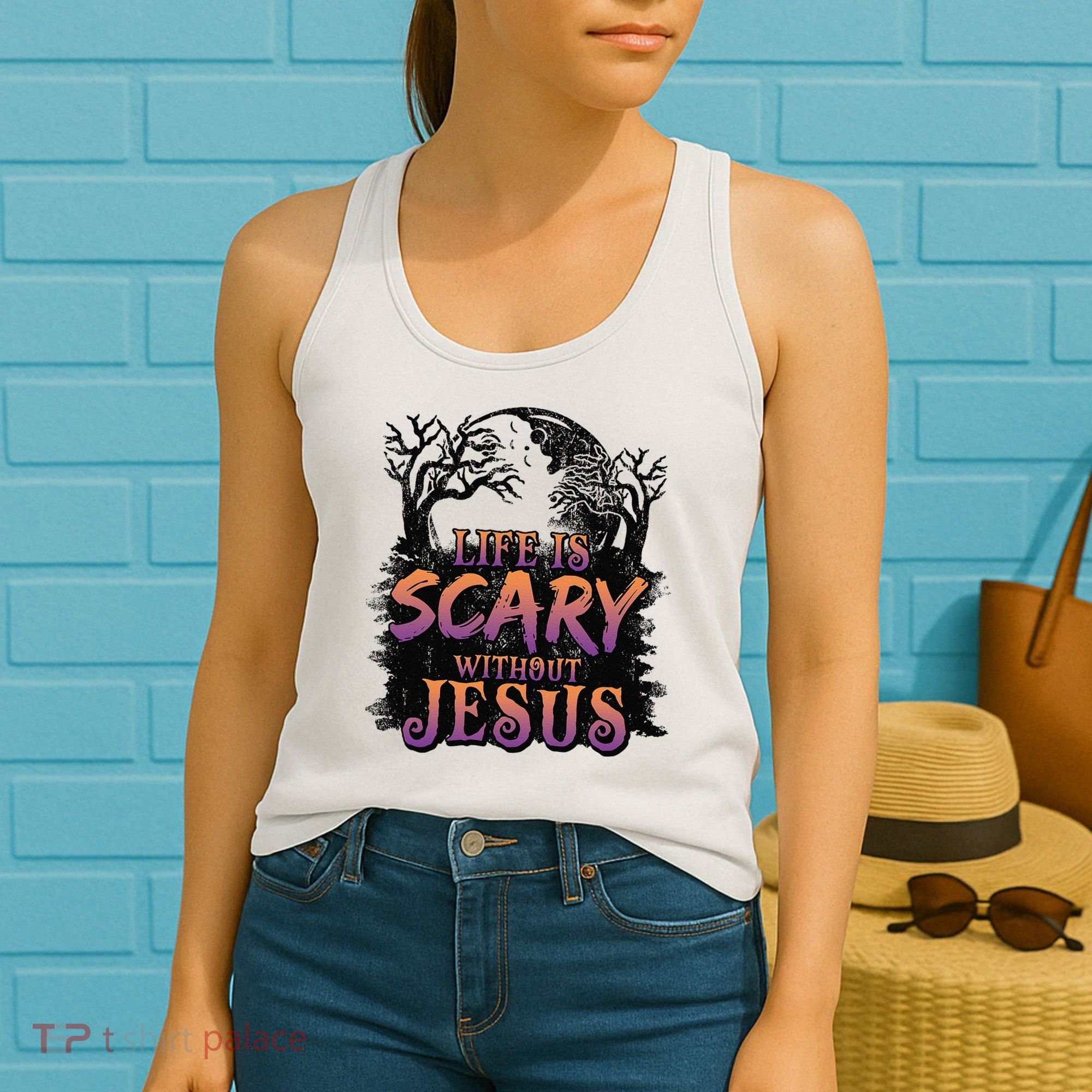 Life Is Scary Without Jesus Funny Halloween Christian Women's Tank Top