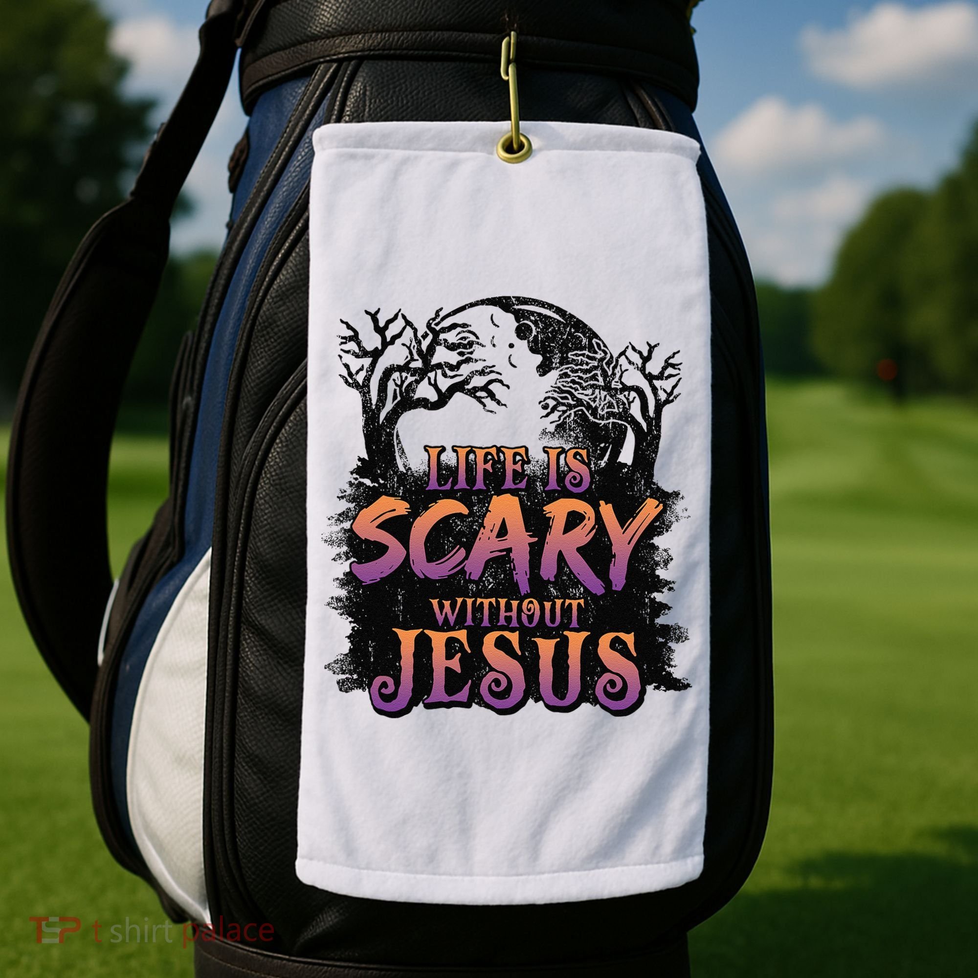 Life Is Scary Without Jesus Funny Halloween Christian Golf Towel