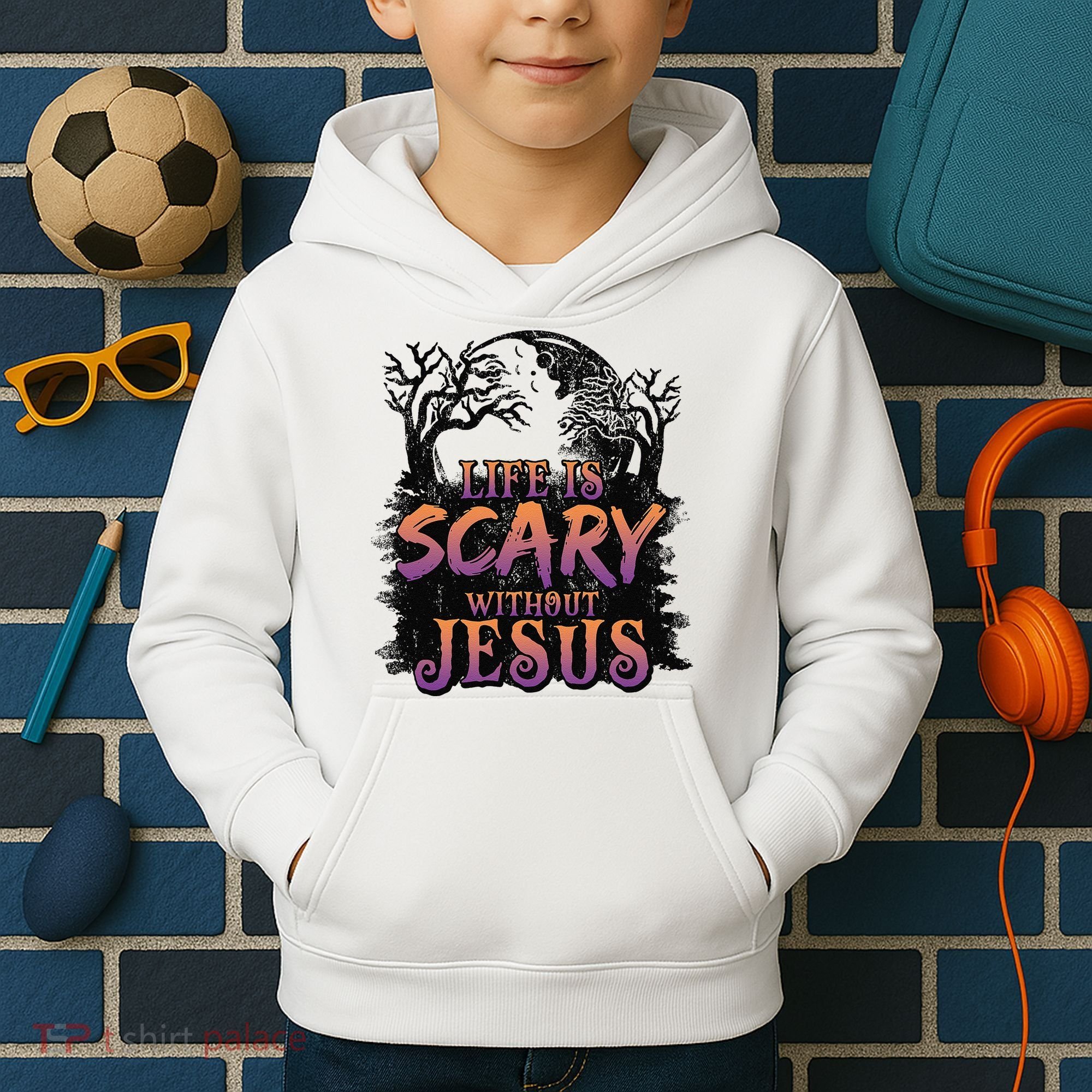 Life Is Scary Without Jesus Funny Halloween Christian Kids Hoodie
