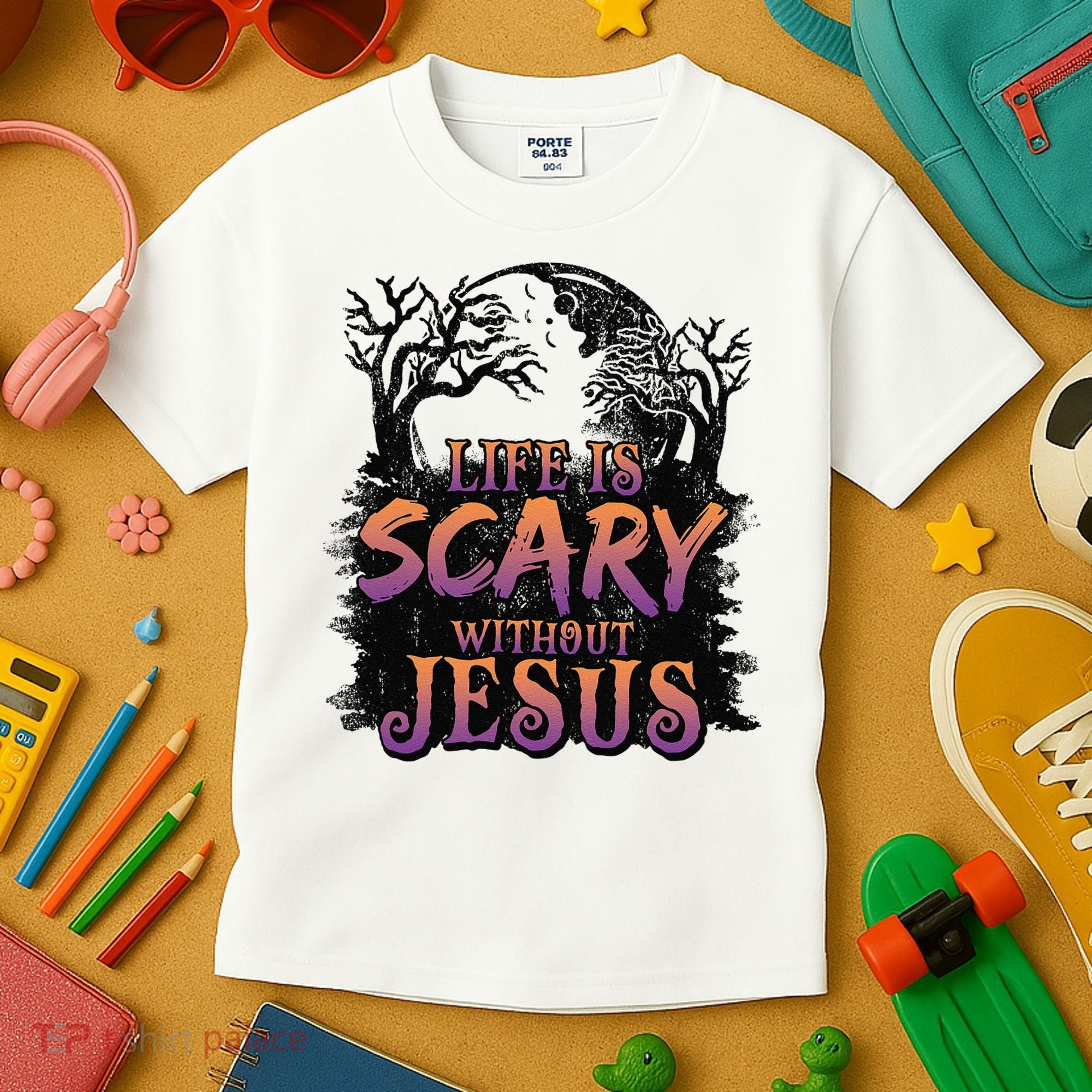 Life Is Scary Without Jesus Funny Halloween Christian Kids T-Shirt