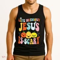 Life Is Scary Without Jesus Christian Faith Halloween Tank Top thumb 3
