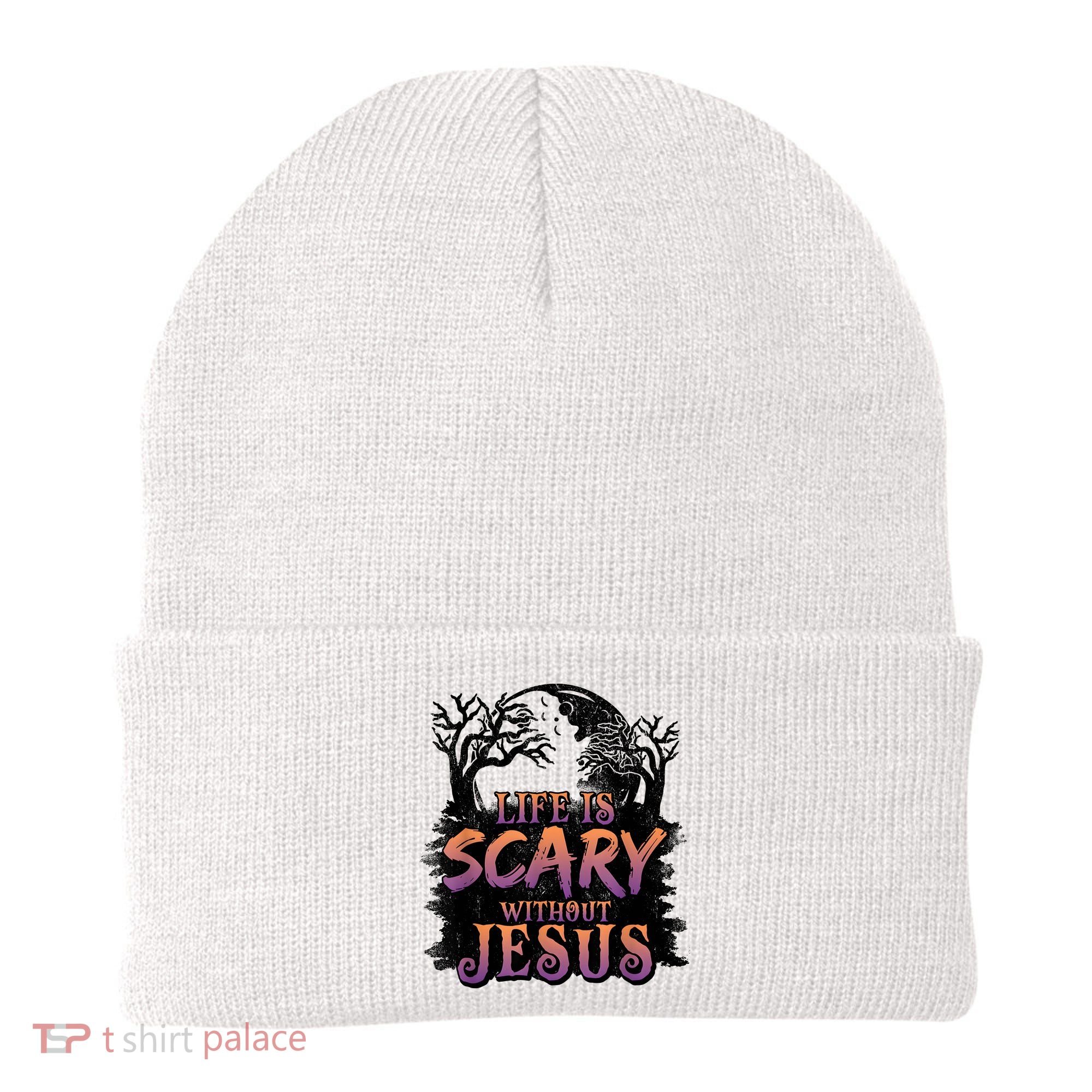 Life Is Scary Without Jesus Funny Halloween Christian Beanie