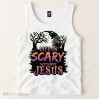 Life Is Scary Without Jesus Funny Halloween Christian Tank Top thumb 2