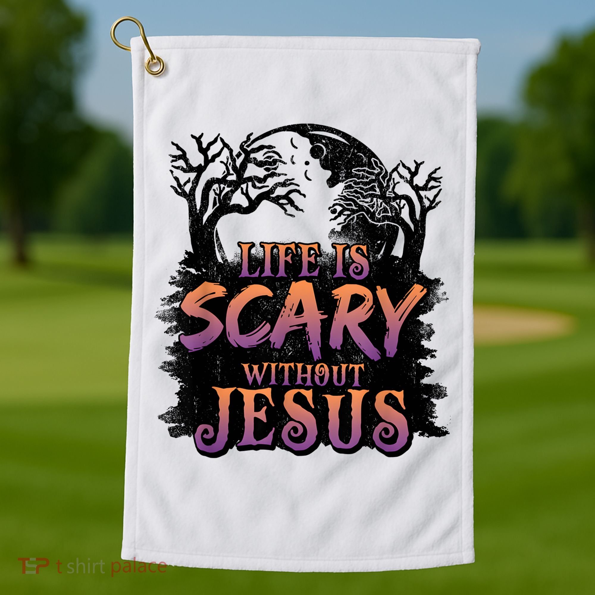 Life Is Scary Without Jesus Funny Halloween Christian Golf Towel