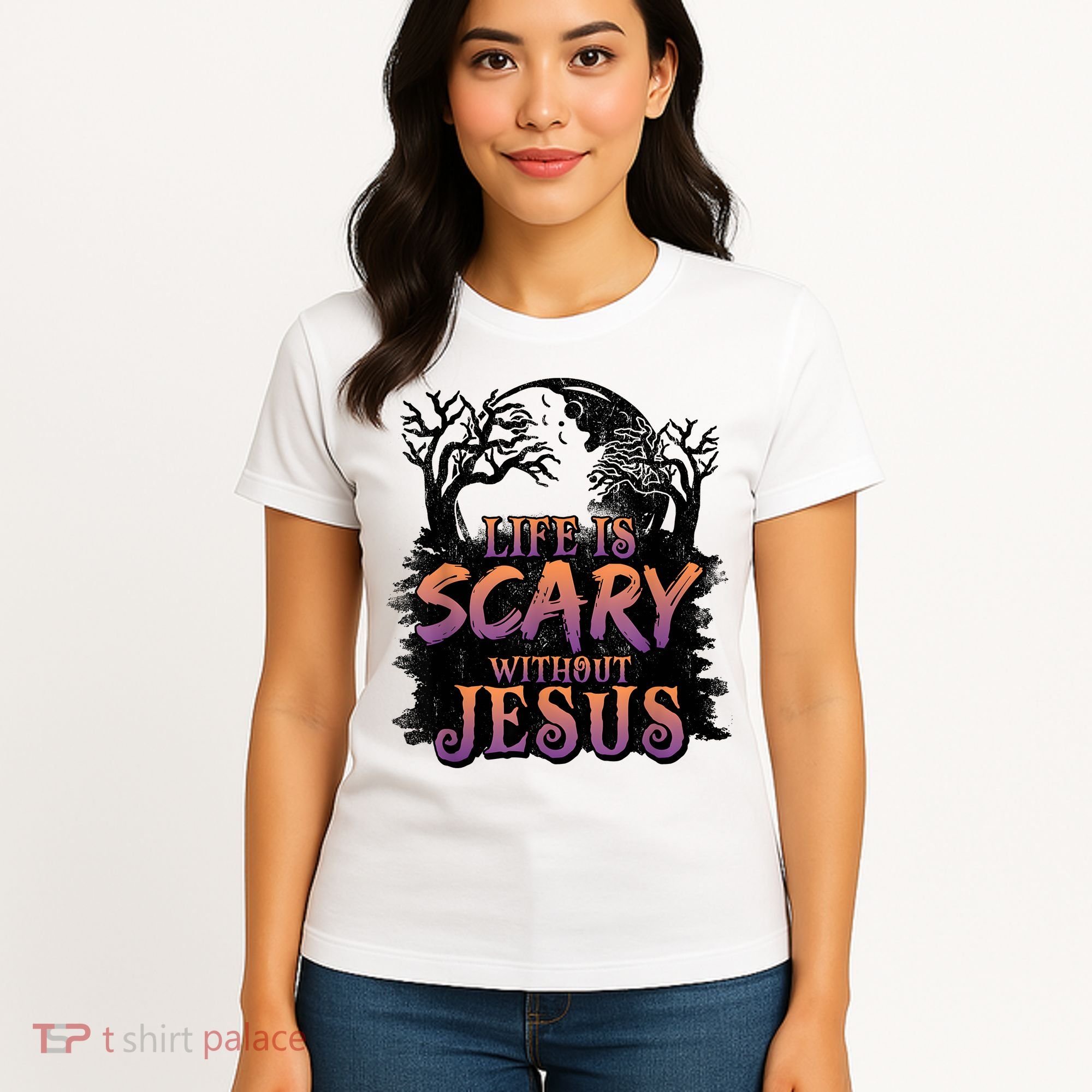 Life Is Scary Without Jesus Funny Halloween Christian Women's T-Shirt