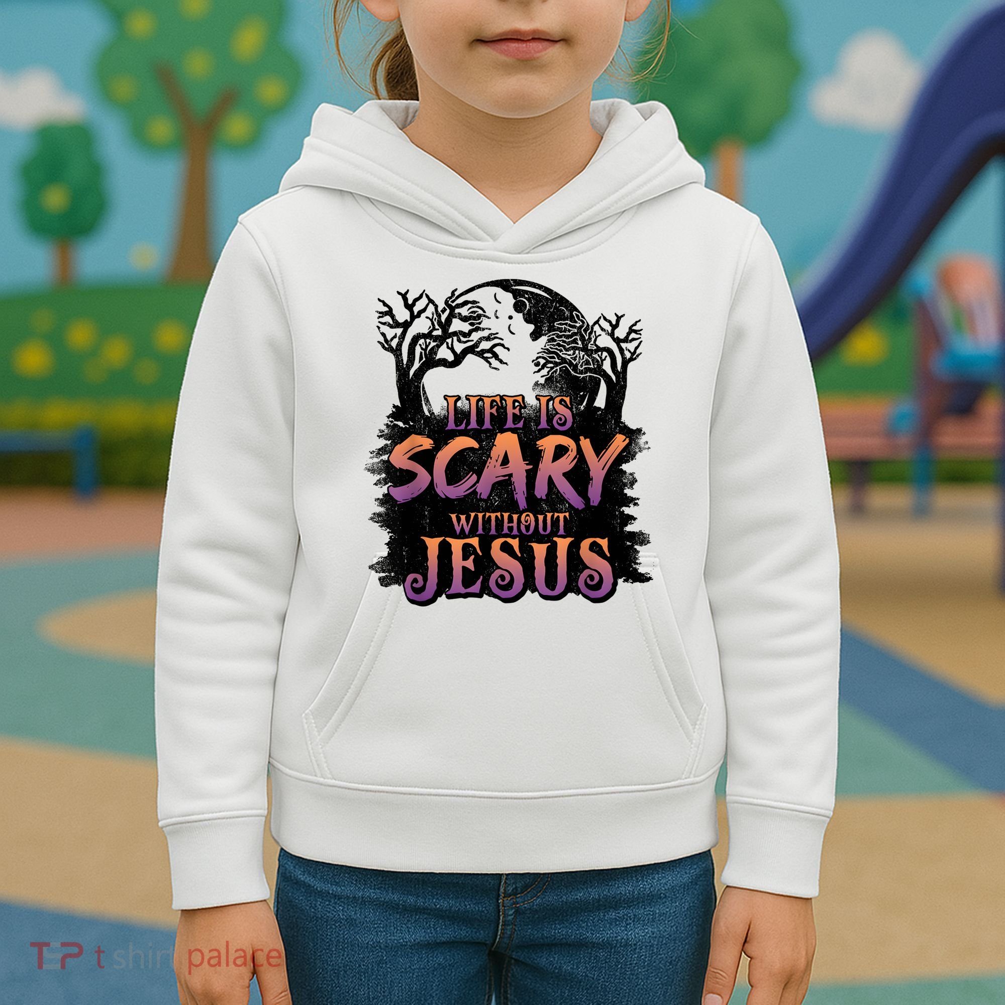 Life Is Scary Without Jesus Funny Halloween Christian Kids Hoodie
