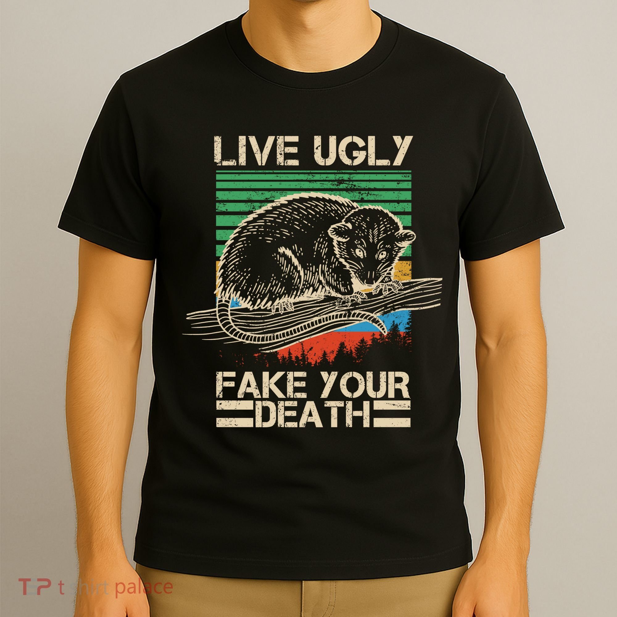 Live Ugly Fake Your Death Retro Vintage Opossum T-Shirt