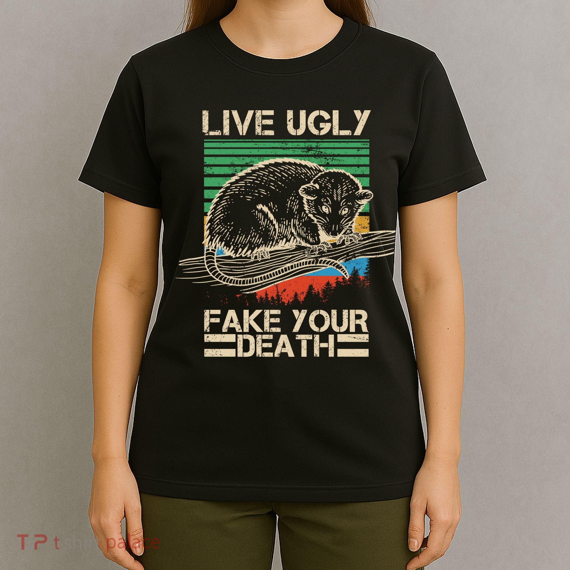 Live Ugly Fake Your Death Retro Vintage Opossum T-Shirt