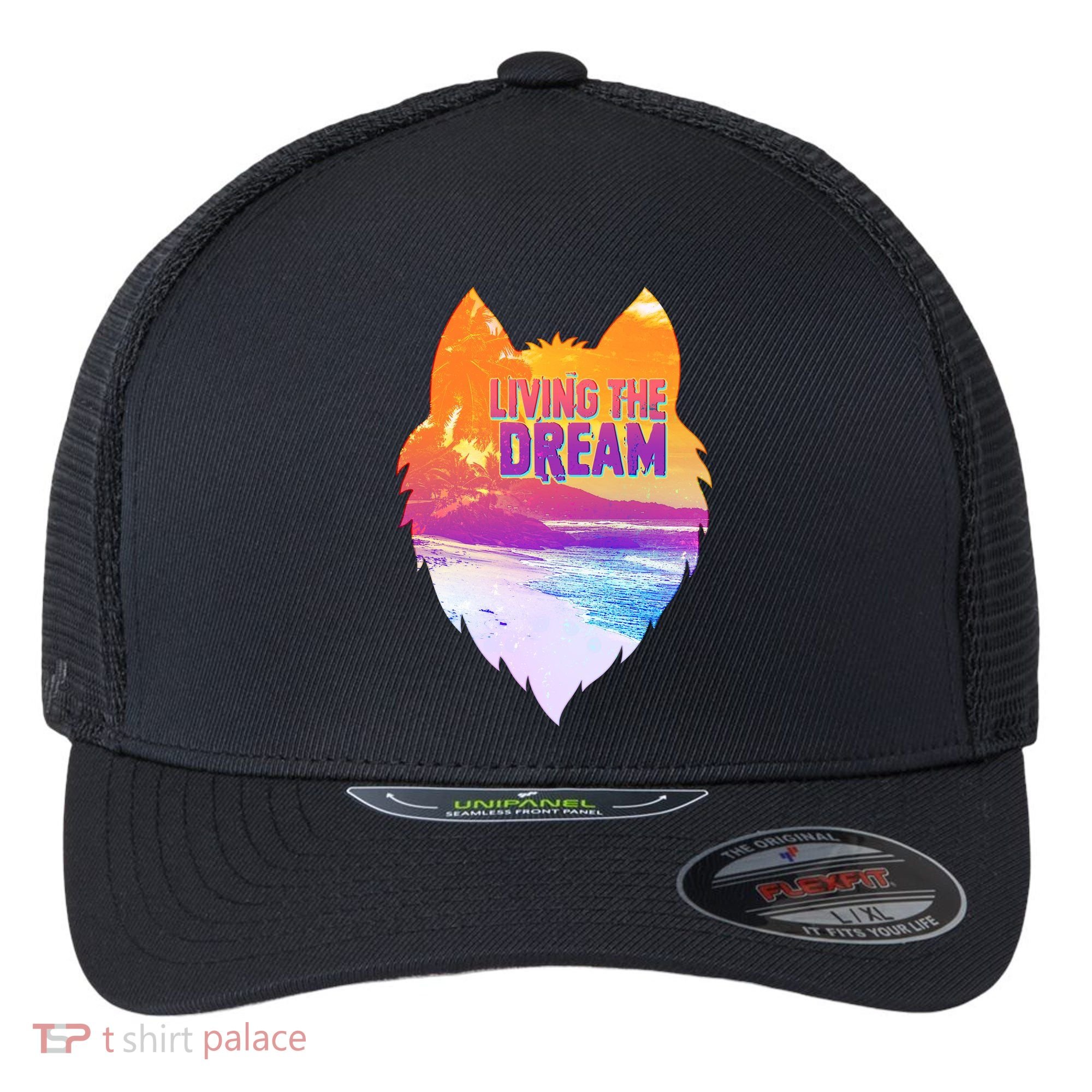 Living The Dream Californian Beach Wolf Head Flexfit Unipanel Trucker Cap