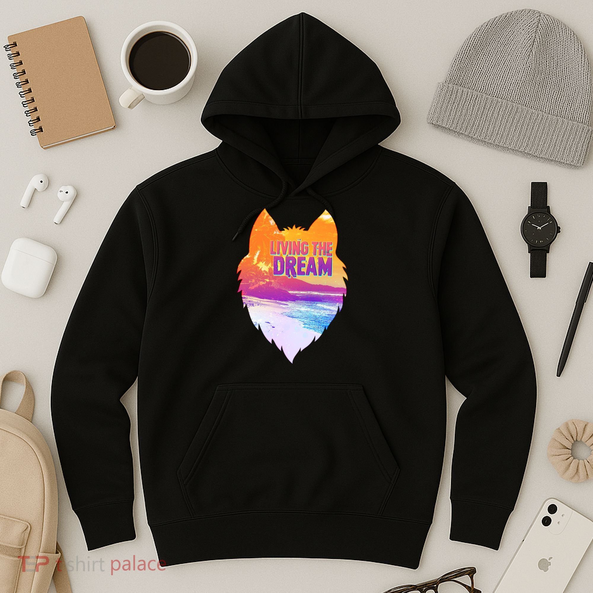 Living The Dream Californian Beach Wolf Head Hoodie