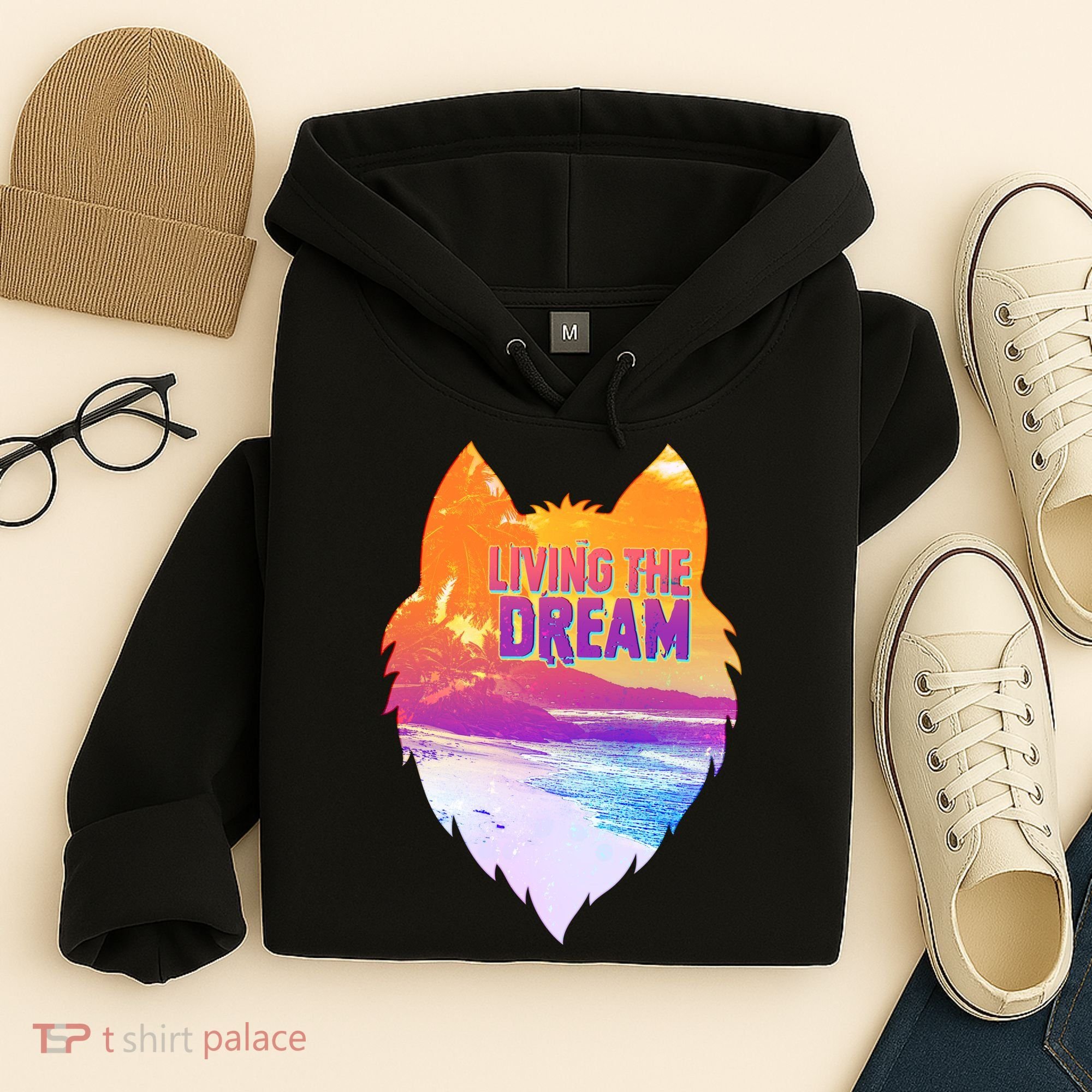 Living The Dream Californian Beach Wolf Head Hoodie
