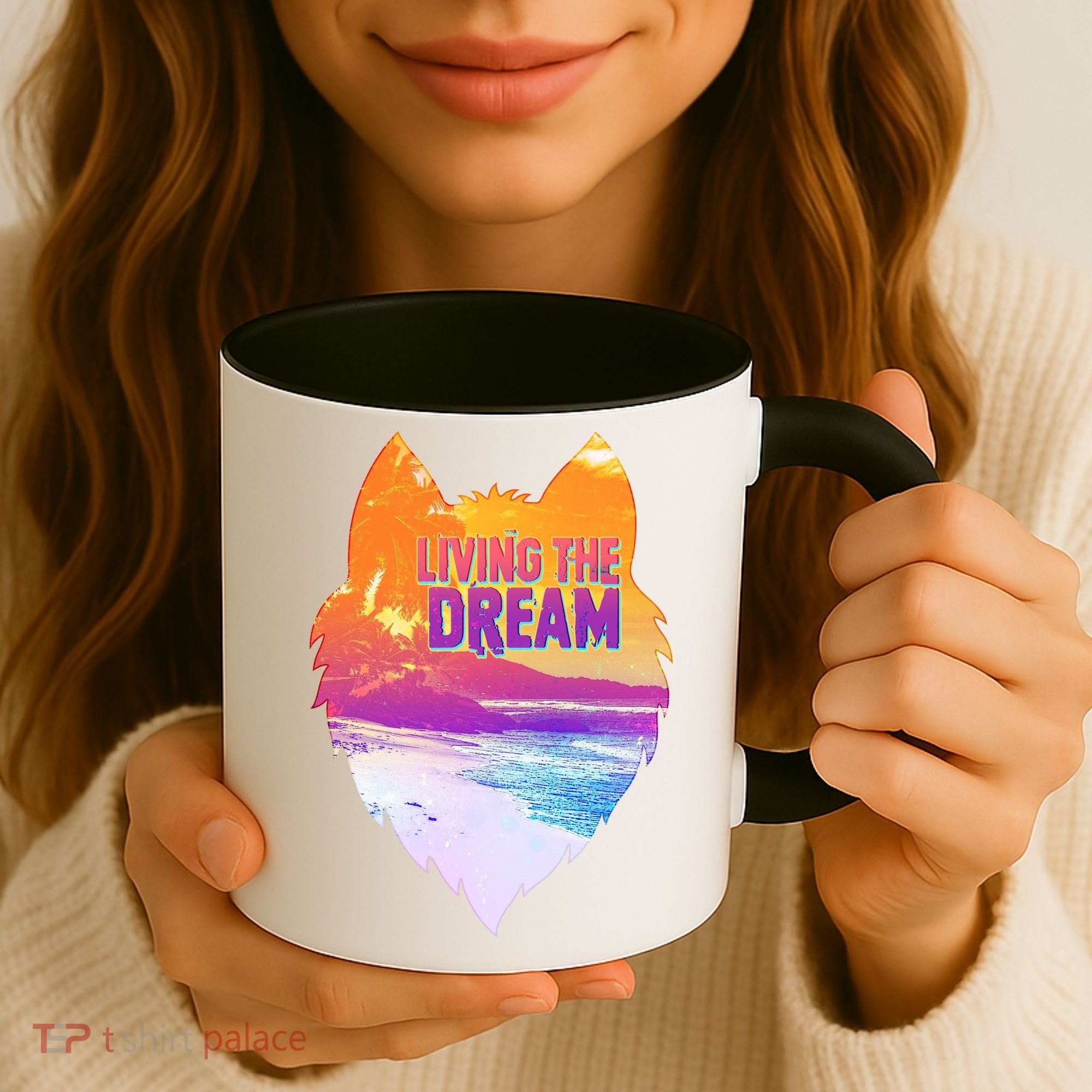 Living The Dream Californian Beach Wolf Head Coffee Mug