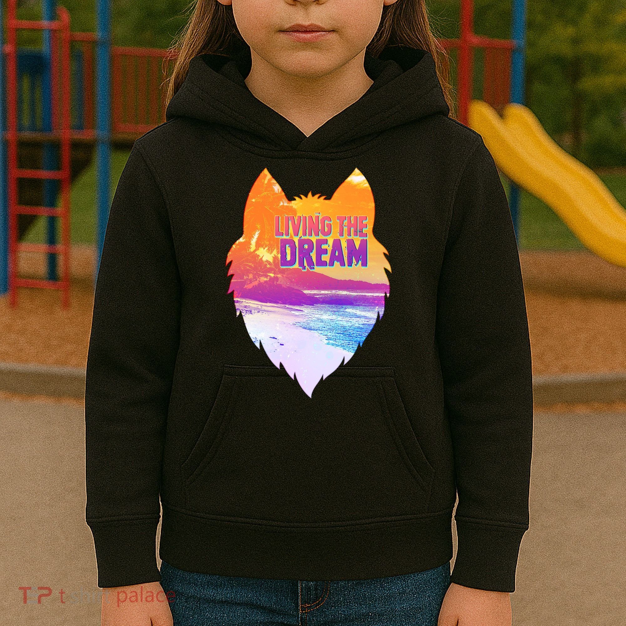 Living The Dream Californian Beach Wolf Head Kids Hoodie