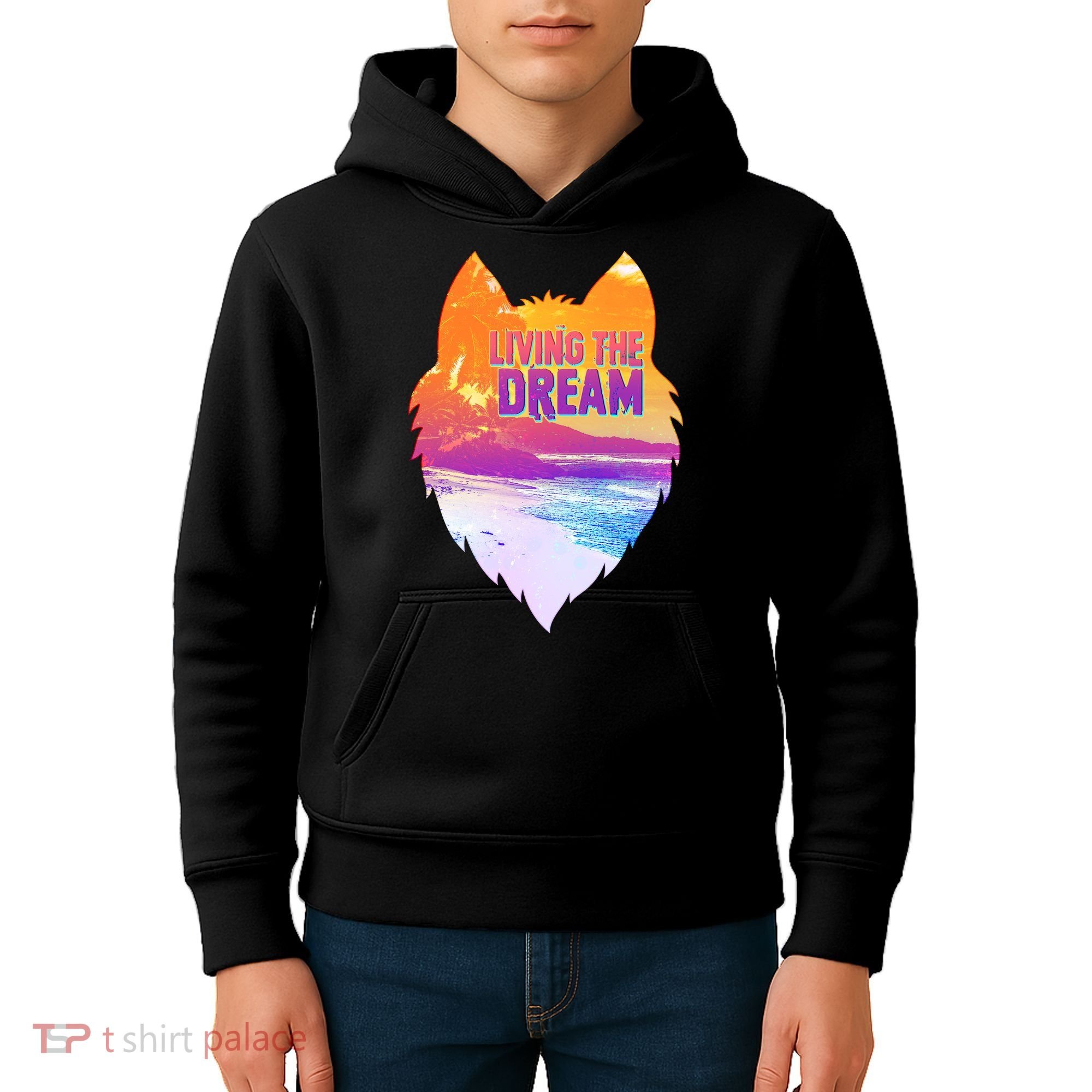 Living The Dream Californian Beach Wolf Head Kids Hoodie