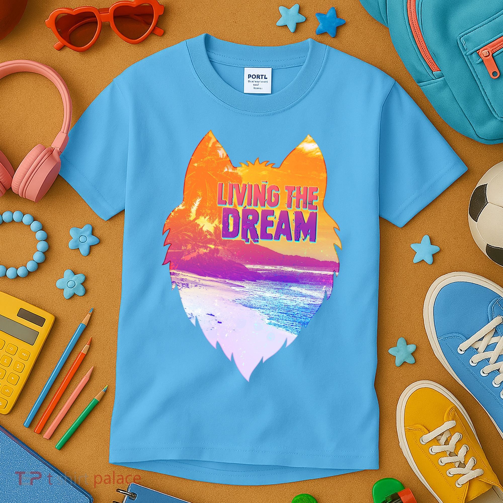 Living The Dream Californian Beach Wolf Head Kids T-Shirt