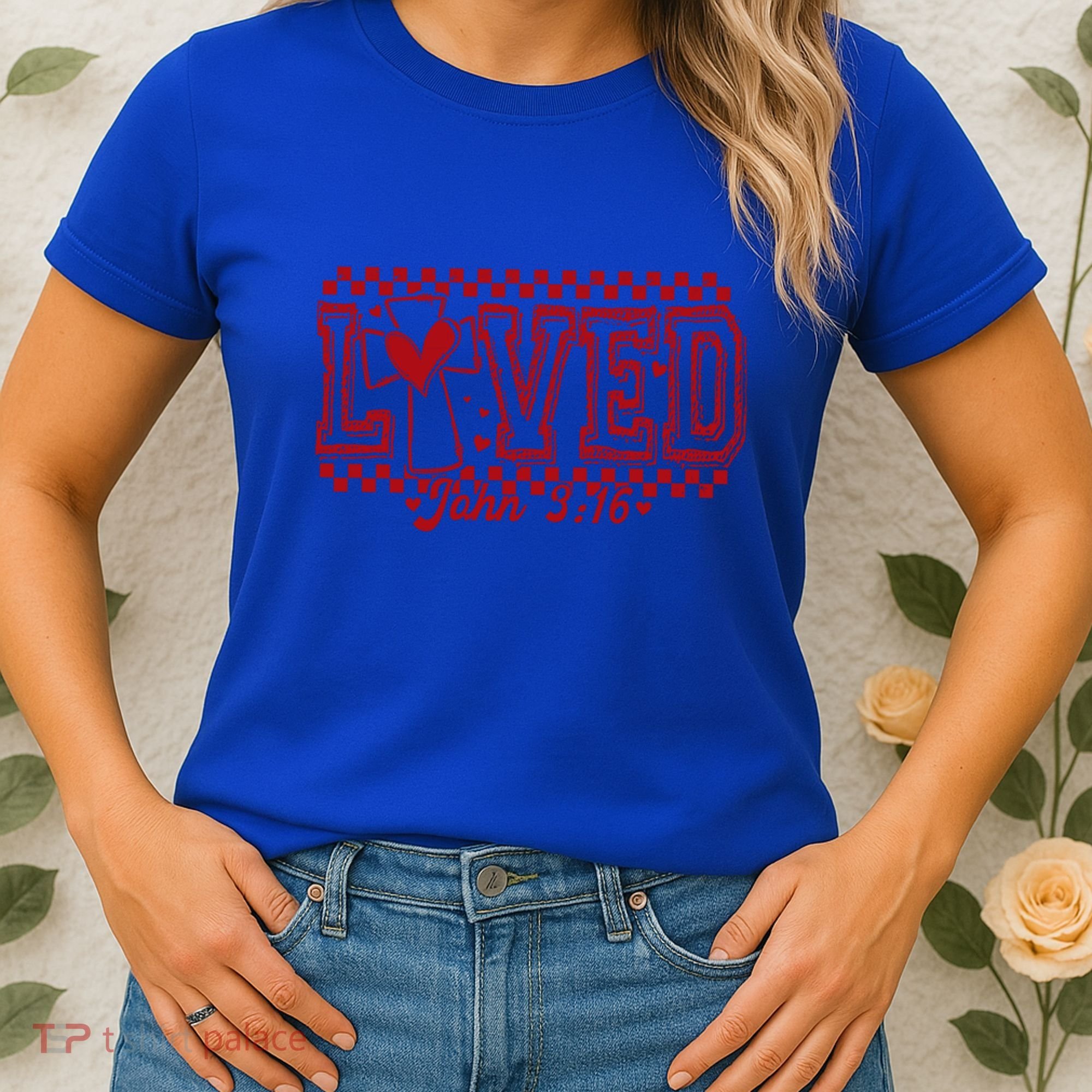 Loved John 3:16 Checkered Christian Loves ValentineS Day Gift Women's T-Shirt