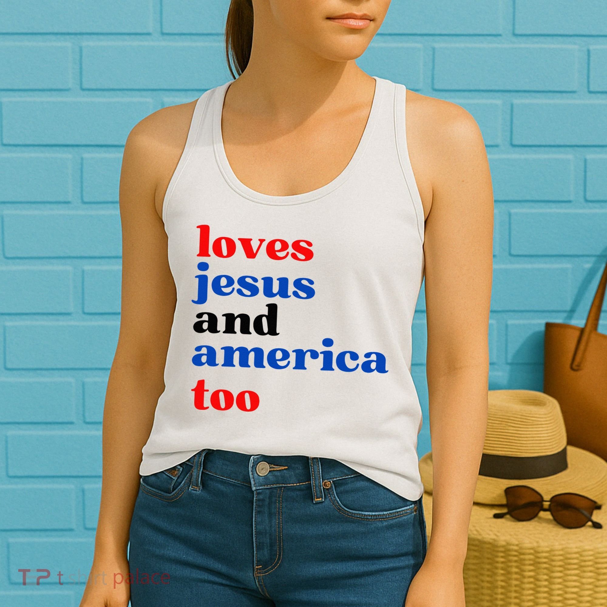 Loves Jesus And America Too Patriotic Women's Tank Top