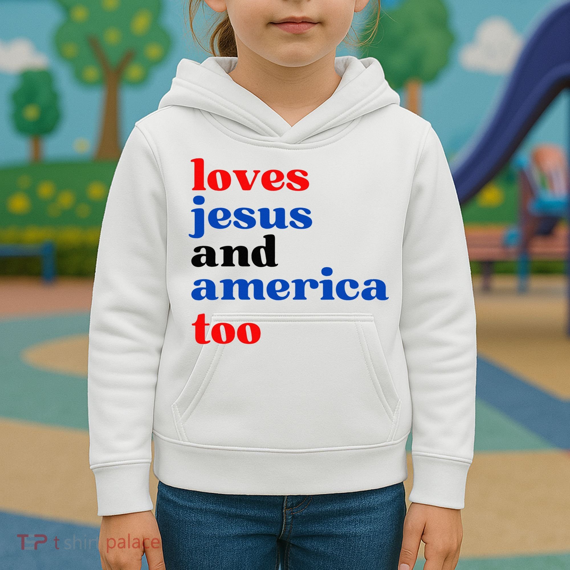 Loves Jesus And America Too Patriotic Kids Hoodie