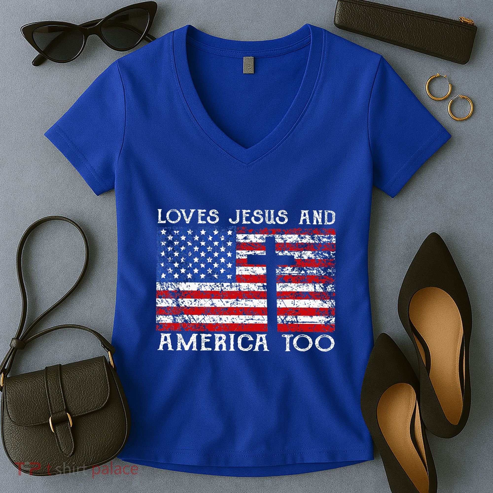 Loves Jesus And America Too Usa Patriotic Women's V-Neck T-Shirt