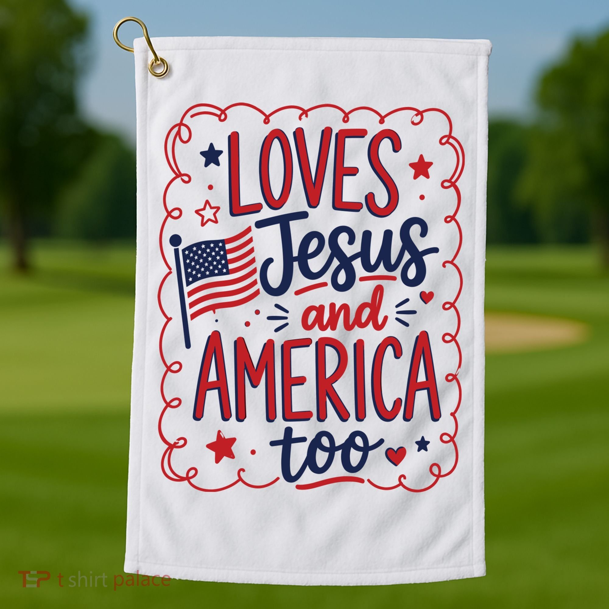 Loves Jesus And America Too Golf Towel
