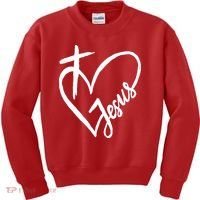 Love Jesus Cross Heart Kids Sweatshirt thumb 0