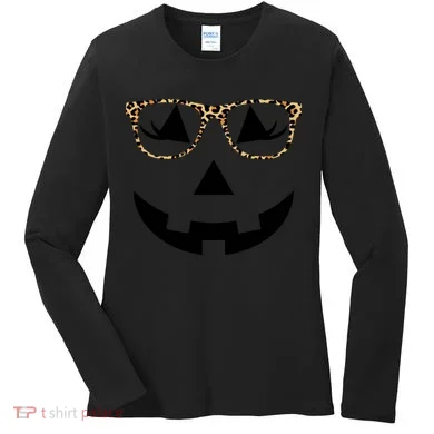 Leopard Jack O Lantern Pumpkin Face Women's Long Sleeve Shirt
