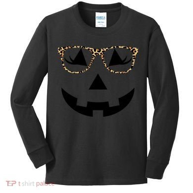 Leopard Jack O Lantern Pumpkin Face Kids Long Sleeve Shirt