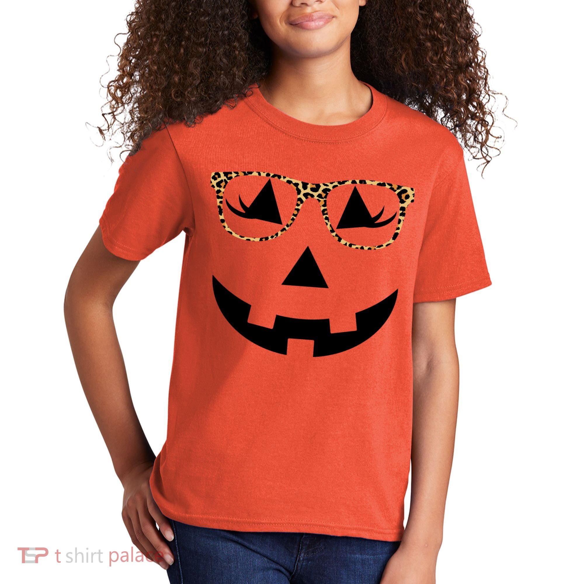 Leopard Jack O Lantern Pumpkin Face Kids T-Shirt