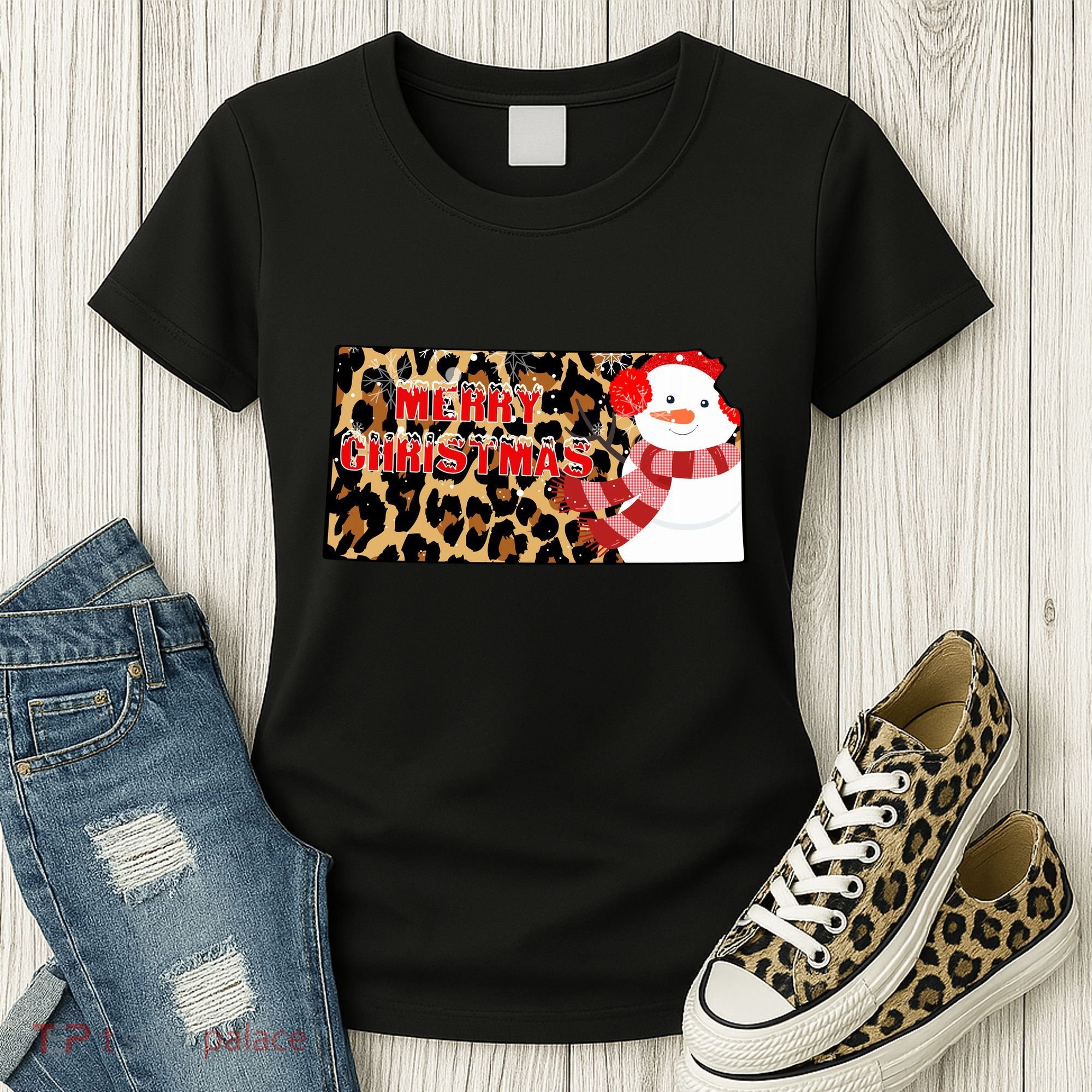 Leopard Kansas Christmas With Snowman Women's T-Shirt
