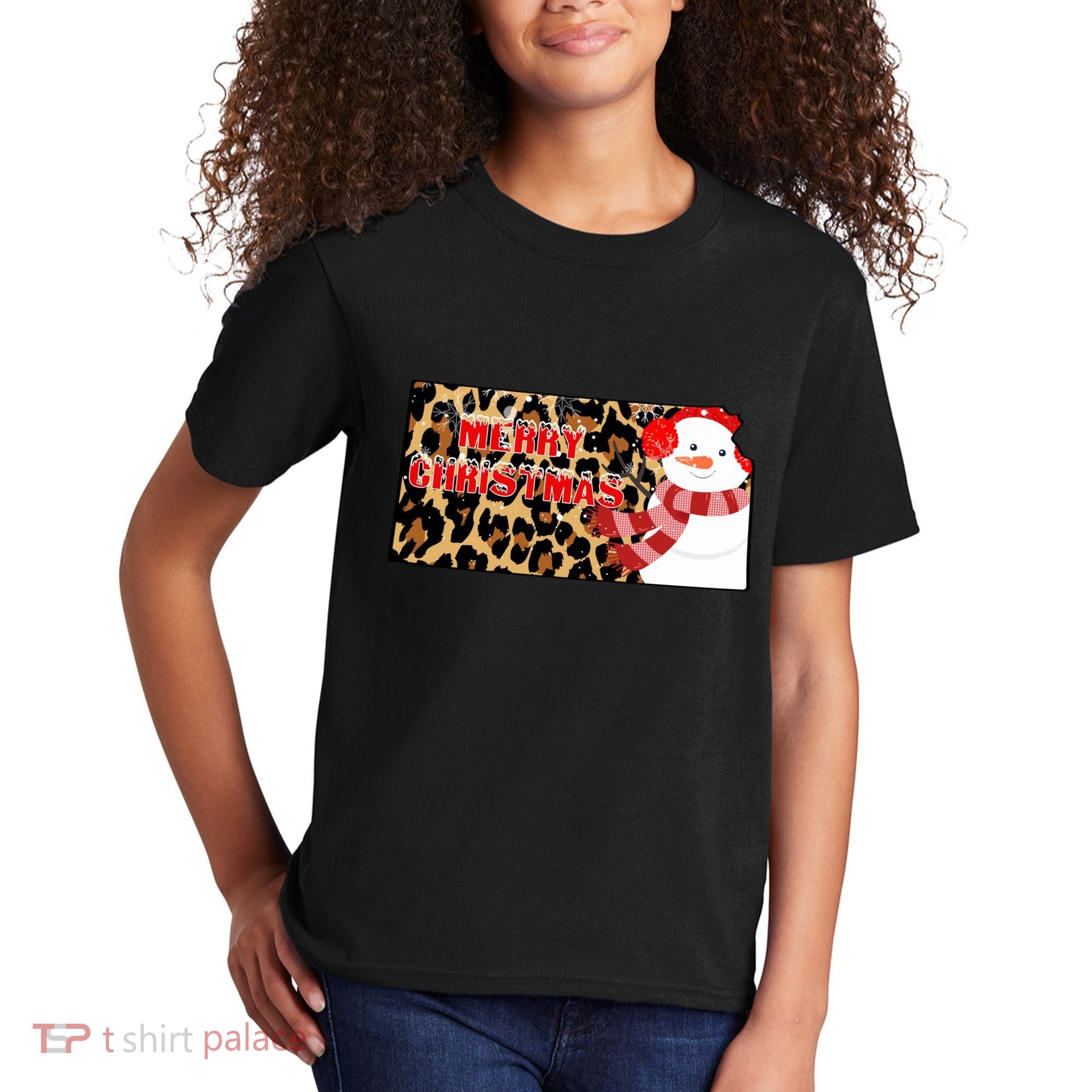 Leopard Kansas Christmas With Snowman Kids T-Shirt