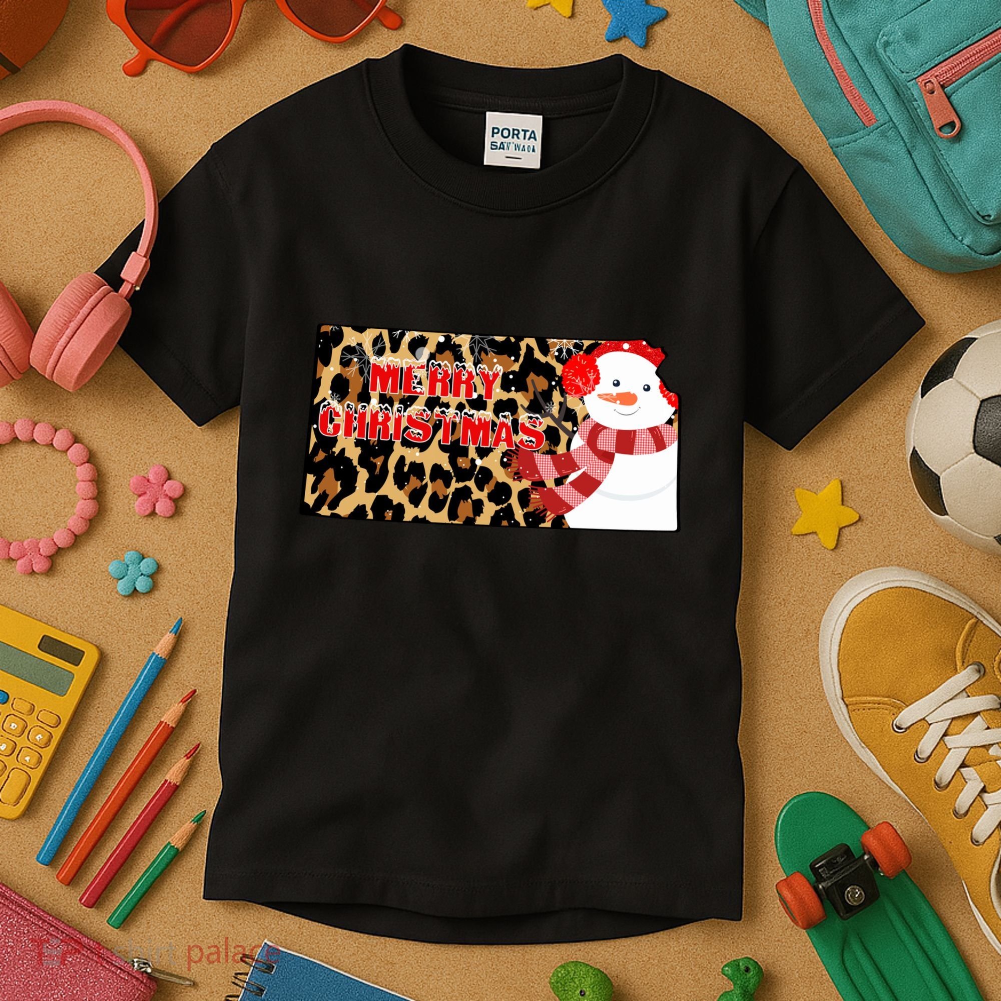 Leopard Kansas Christmas With Snowman Kids T-Shirt
