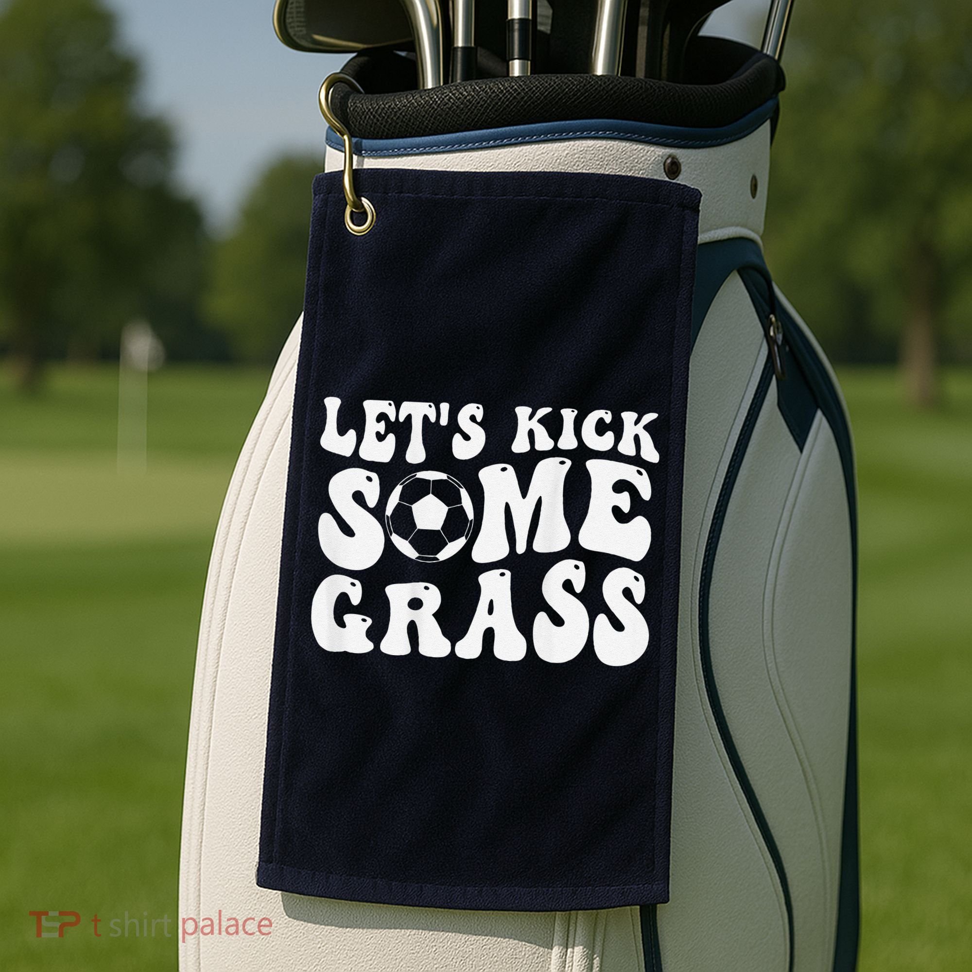 Let’S Kick Some Grass Funny Cheer Soccer Mom Golf Towel