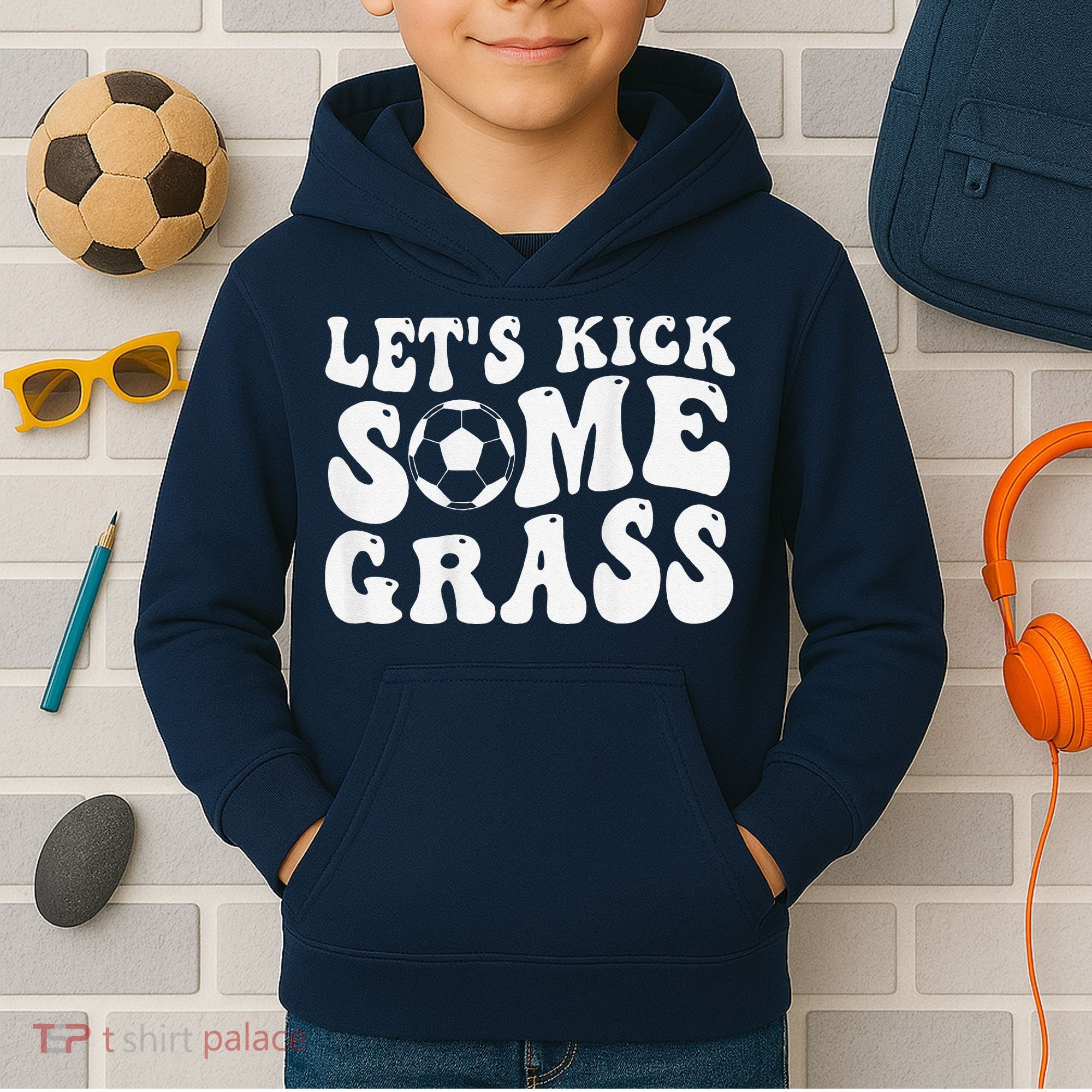 Let’S Kick Some Grass Funny Cheer Soccer Mom Kids Hoodie