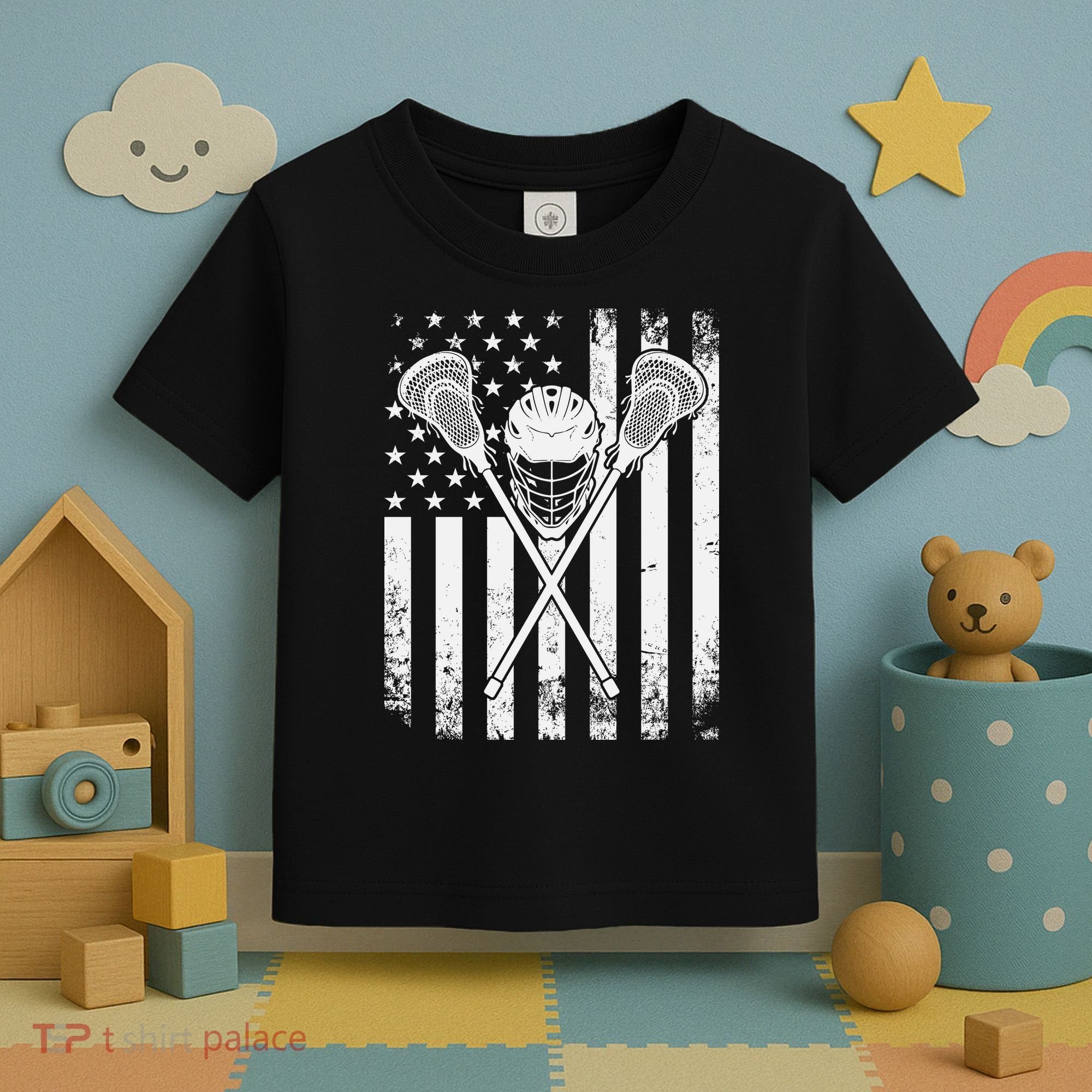 Lacrosse Player Gift LAX American Flag Toddler T-Shirt