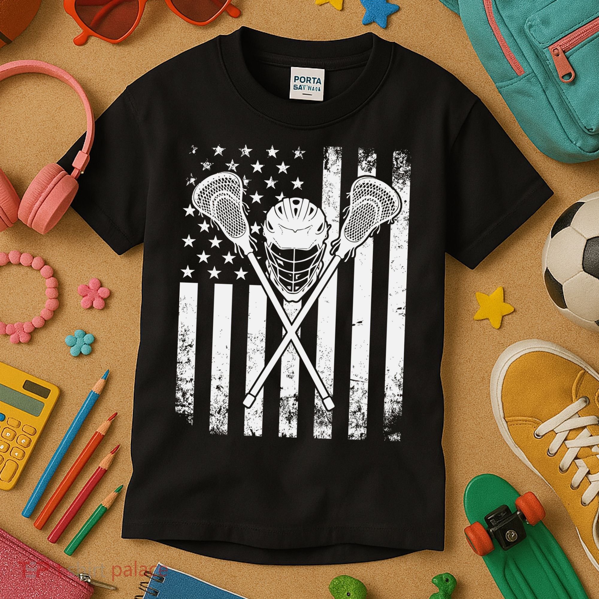 Lacrosse Player Gift LAX American Flag Kids T-Shirt