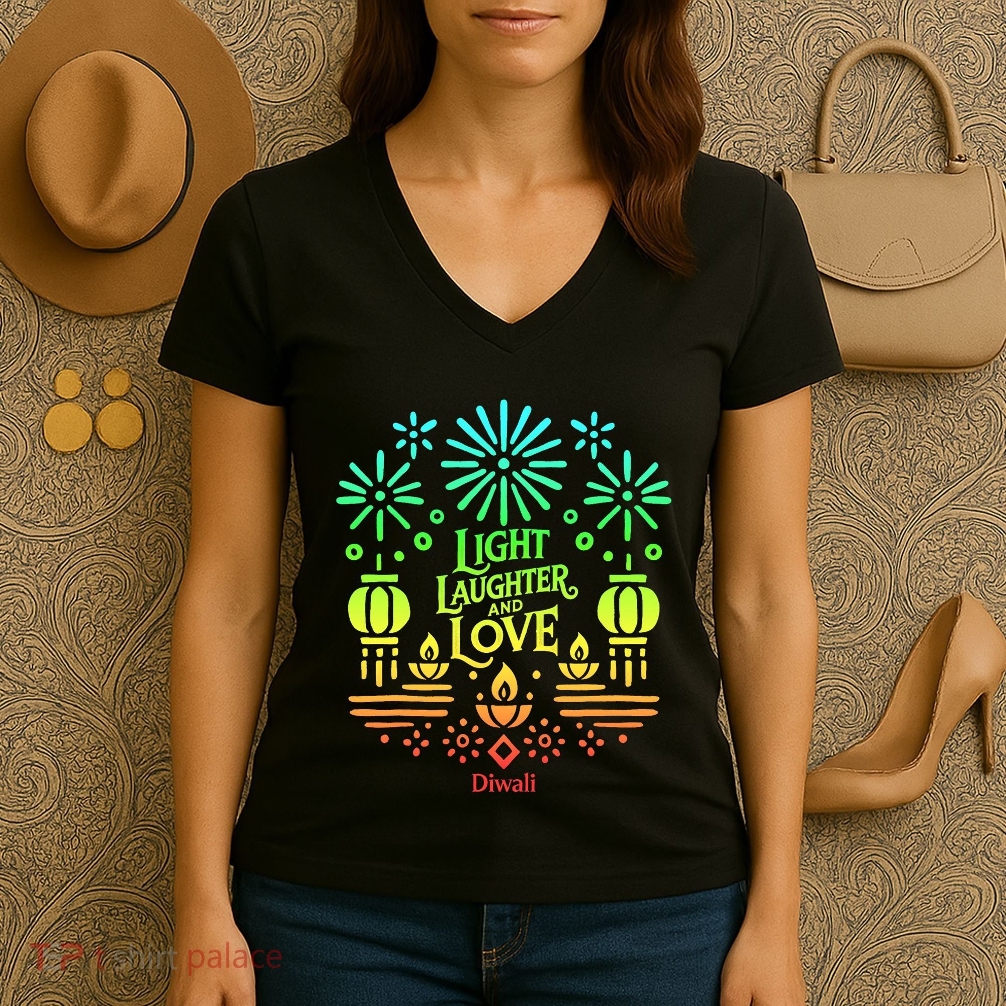 Light Laughter And Love Diwali Celebration Gift Women's V-Neck T-Shirt