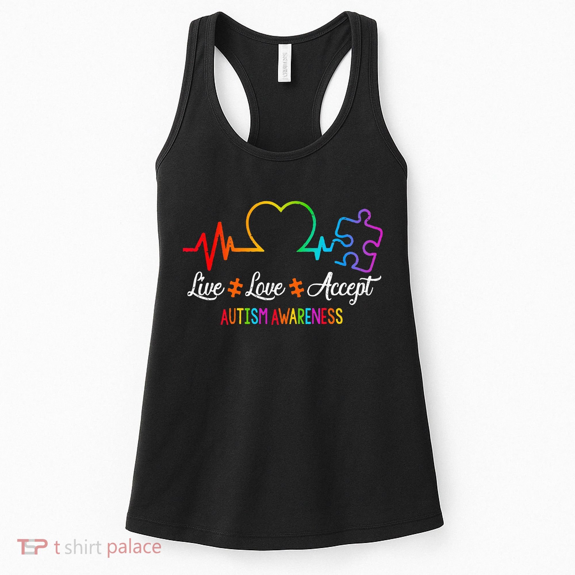 Live Love Accept Autism Awareness Tie Dye Puzzle HeartBeat Women's Tank Top