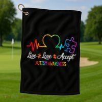 Live Love Accept Autism Awareness Tie Dye Puzzle HeartBeat Golf Towel thumb 1