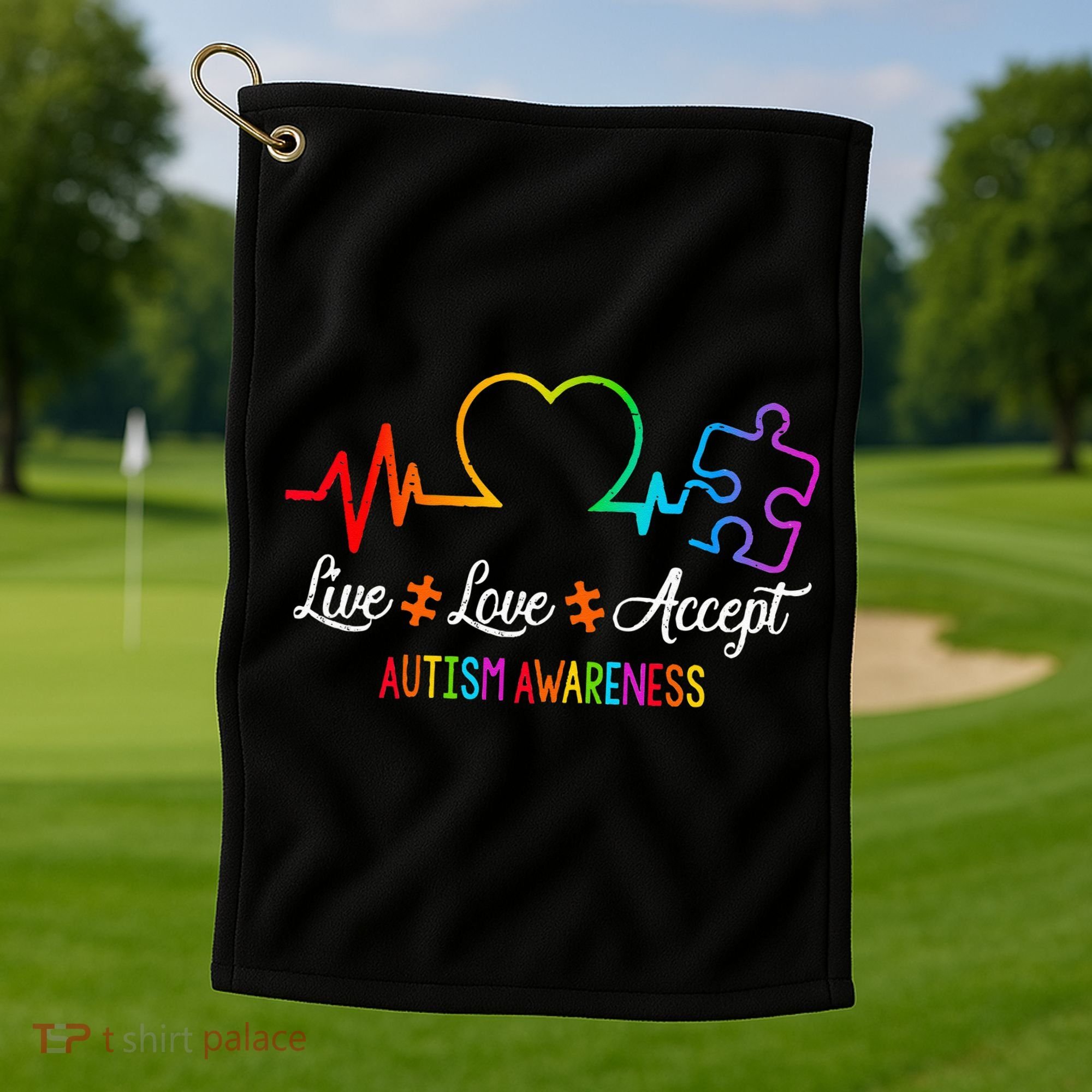 Live Love Accept Autism Awareness Tie Dye Puzzle HeartBeat Golf Towel
