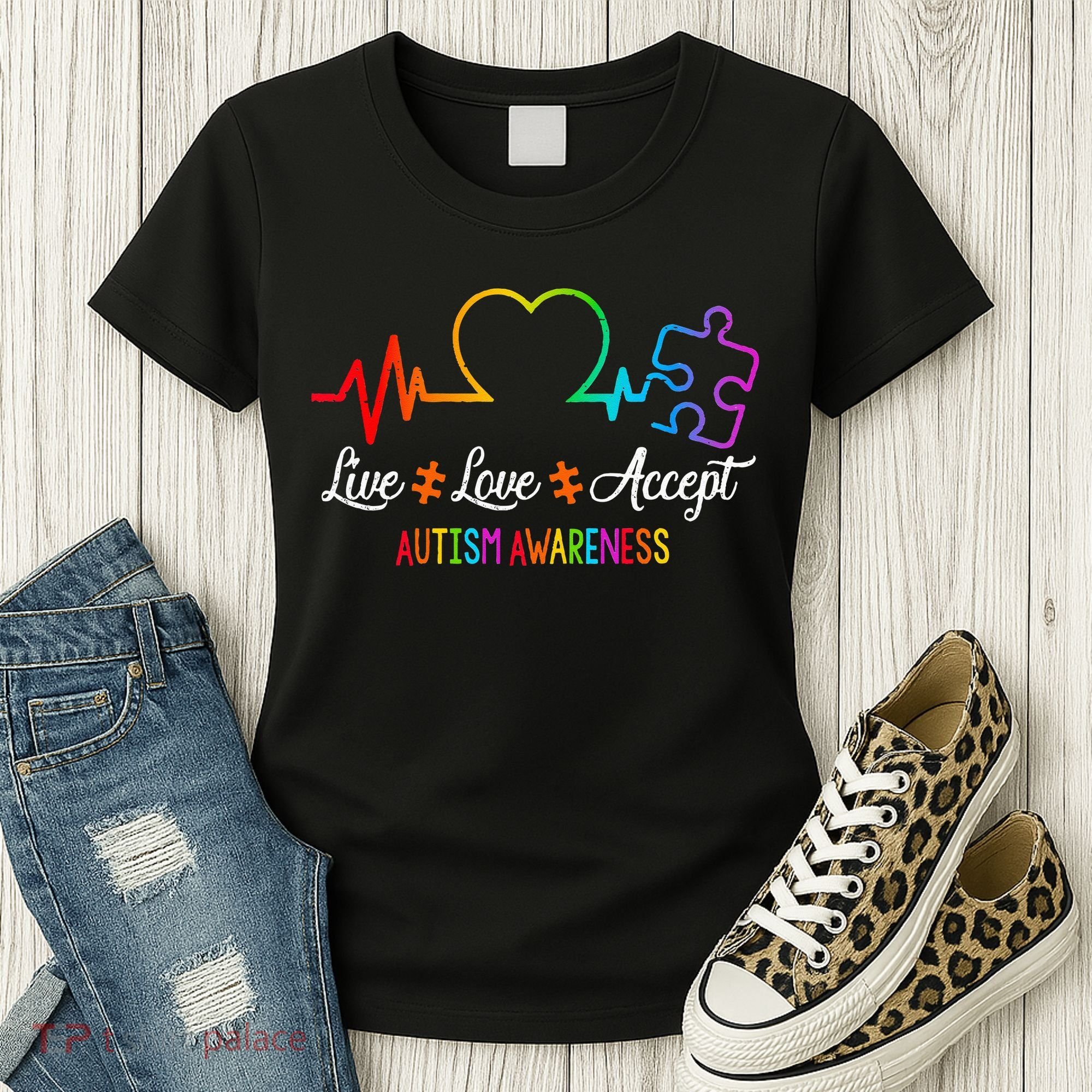 Live Love Accept Autism Awareness Tie Dye Puzzle HeartBeat Women's T-Shirt
