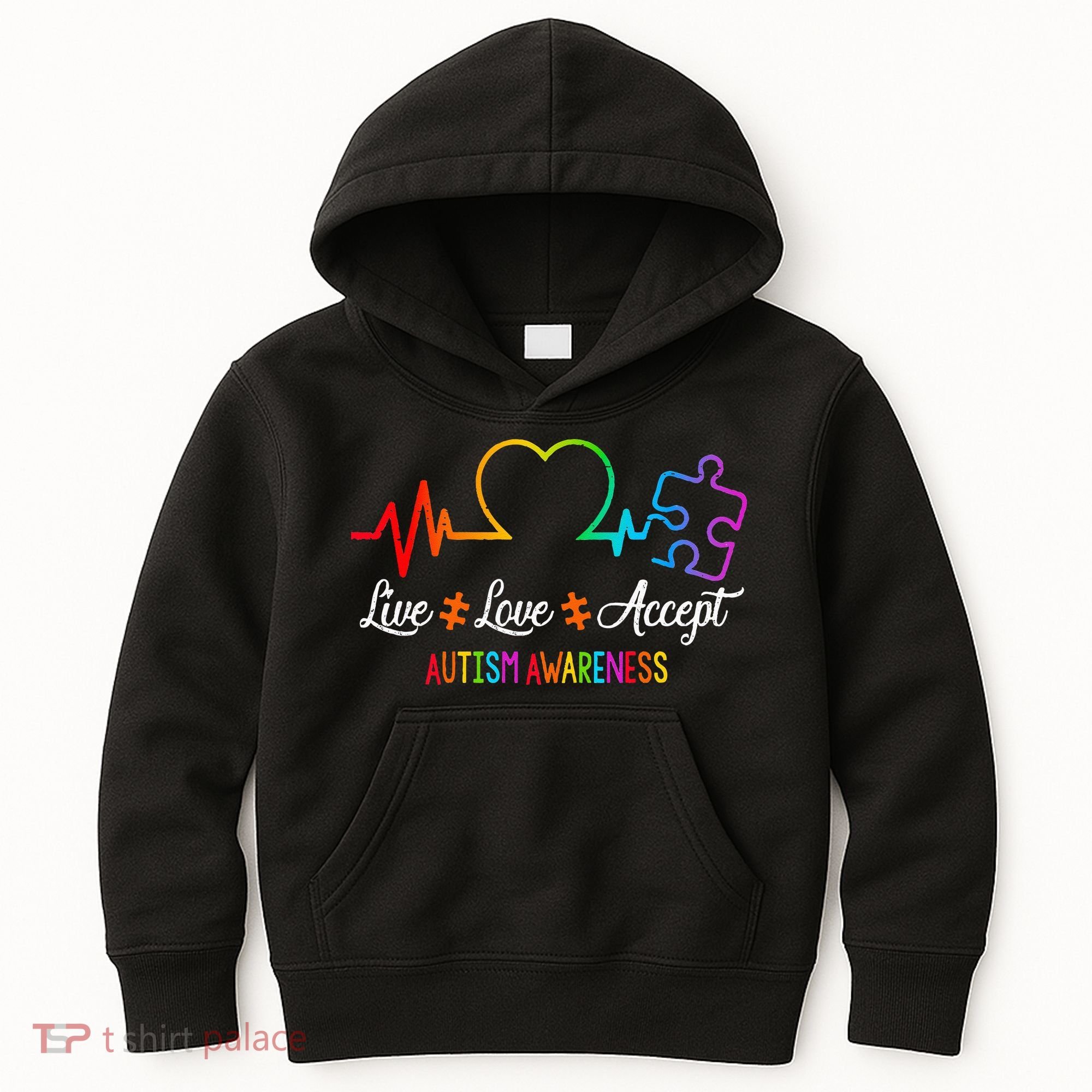 Live Love Accept Autism Awareness Tie Dye Puzzle HeartBeat Kids Hoodie