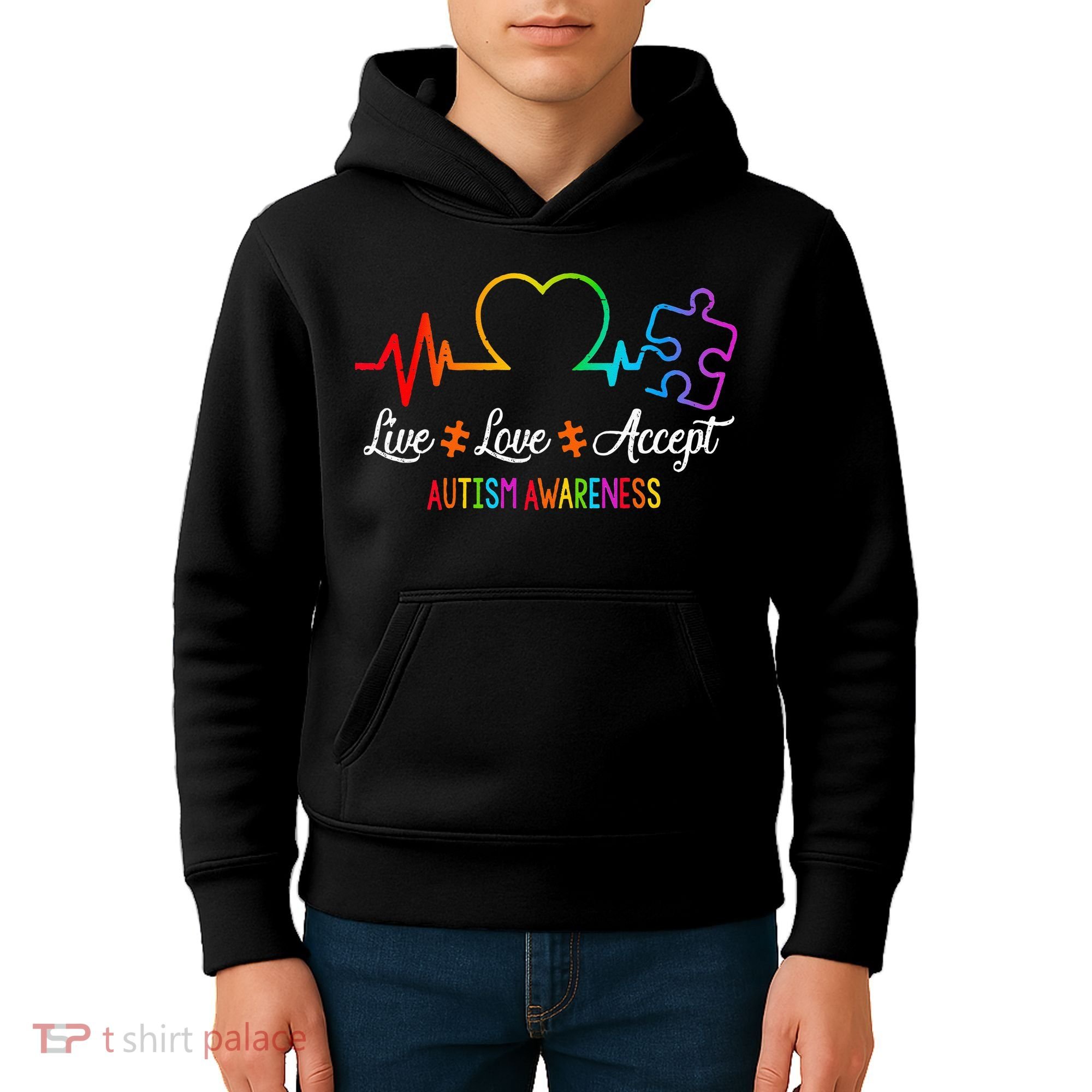 Live Love Accept Autism Awareness Tie Dye Puzzle HeartBeat Kids Hoodie