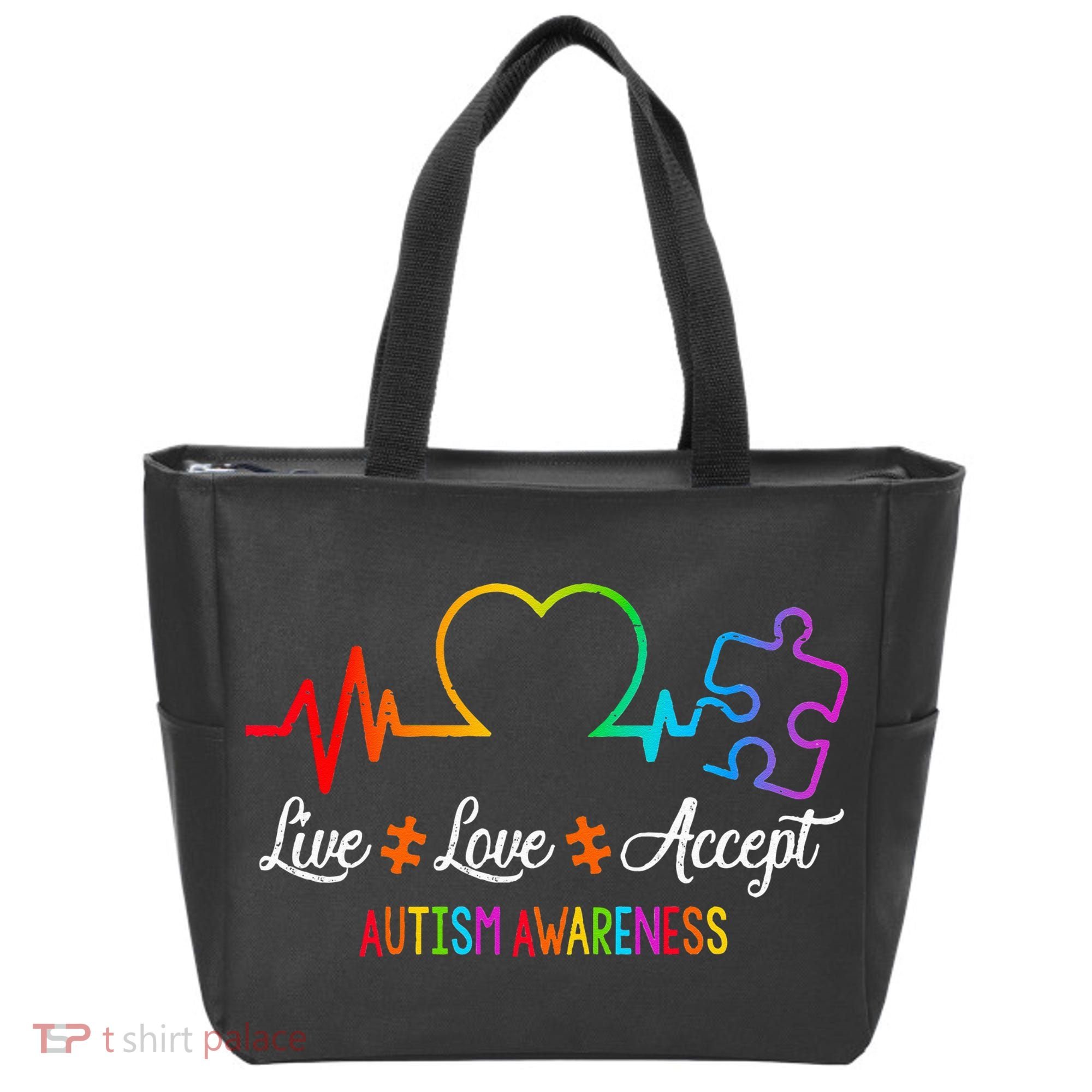 Live Love Accept Autism Awareness Tie Dye Puzzle HeartBeat Tote Bag