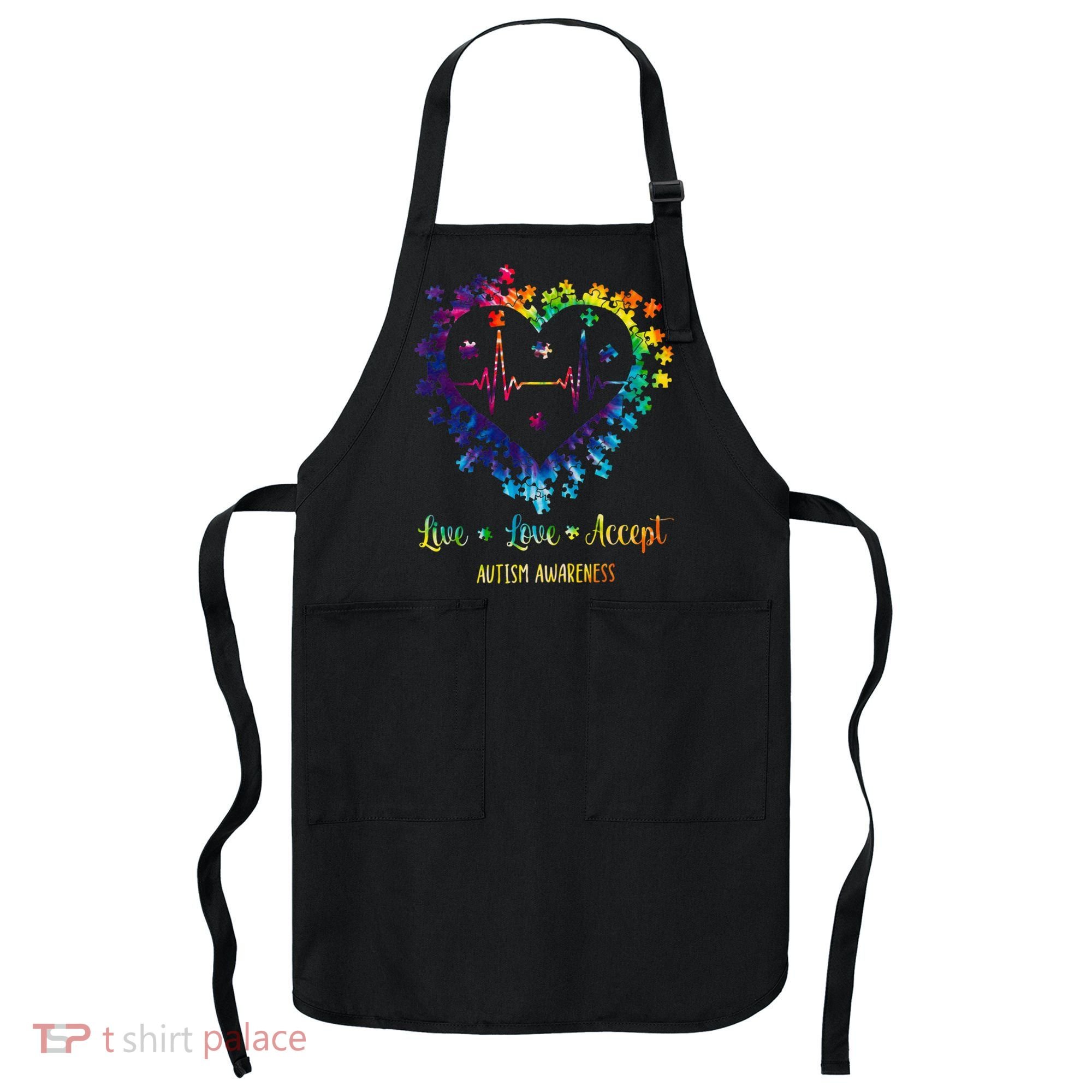 Live Love Accept Autism Awareness Tie Dye Autism Heartbeat Apron