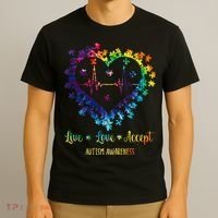 Live Love Accept Autism Awareness Tie Dye Autism Heartbeat T-Shirt thumb 3