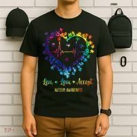 Live Love Accept Autism Awareness Tie Dye Autism Heartbeat T-Shirt thumb 6