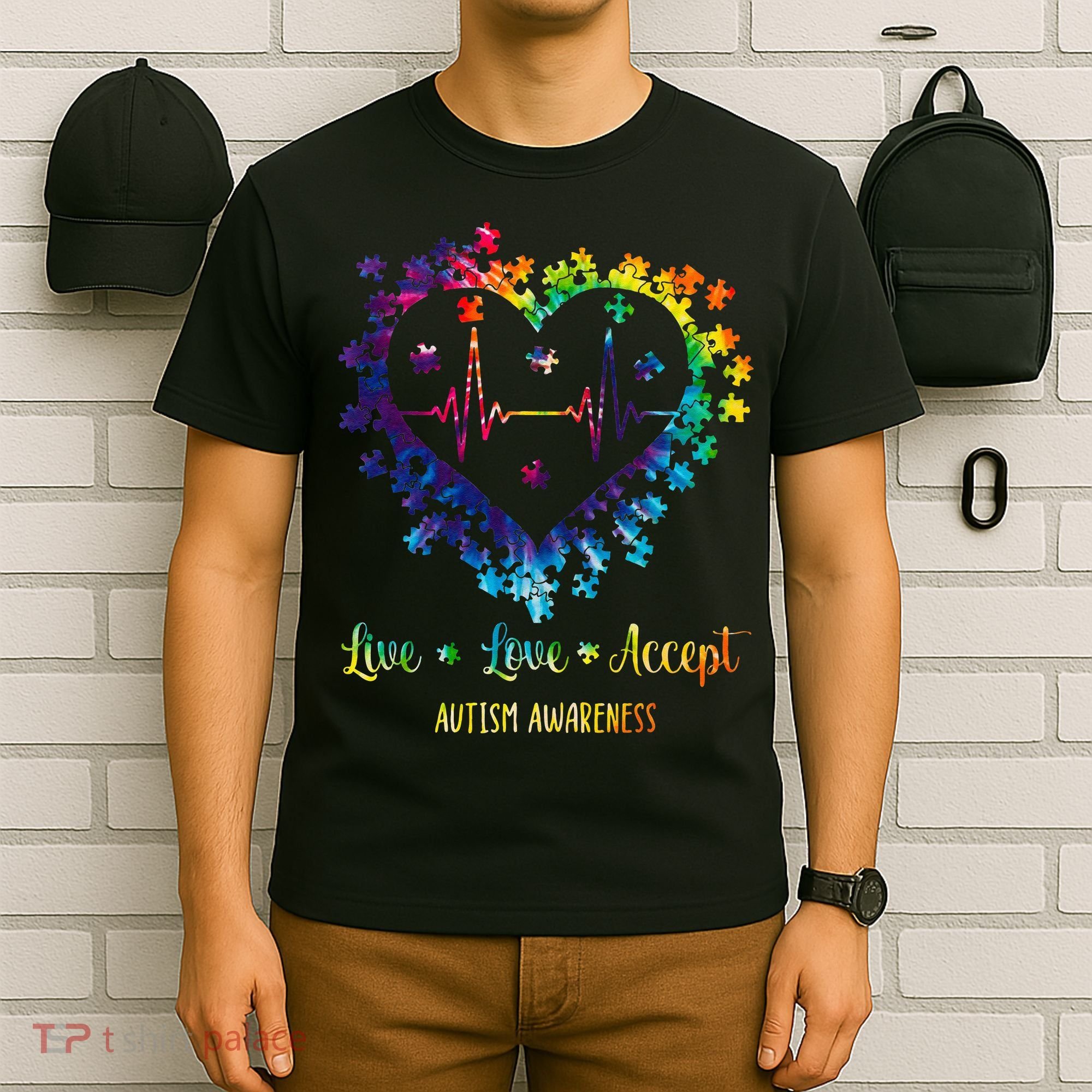 Live Love Accept Autism Awareness Tie Dye Autism Heartbeat T-Shirt