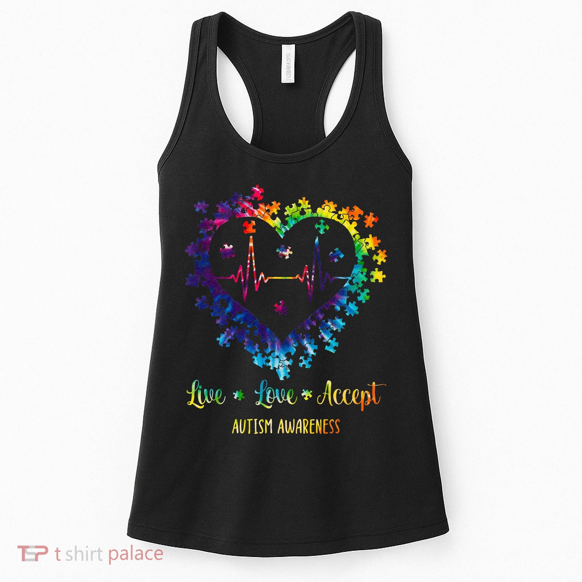 Live Love Accept Autism Awareness Tie Dye Autism Heartbeat Women's Tank Top