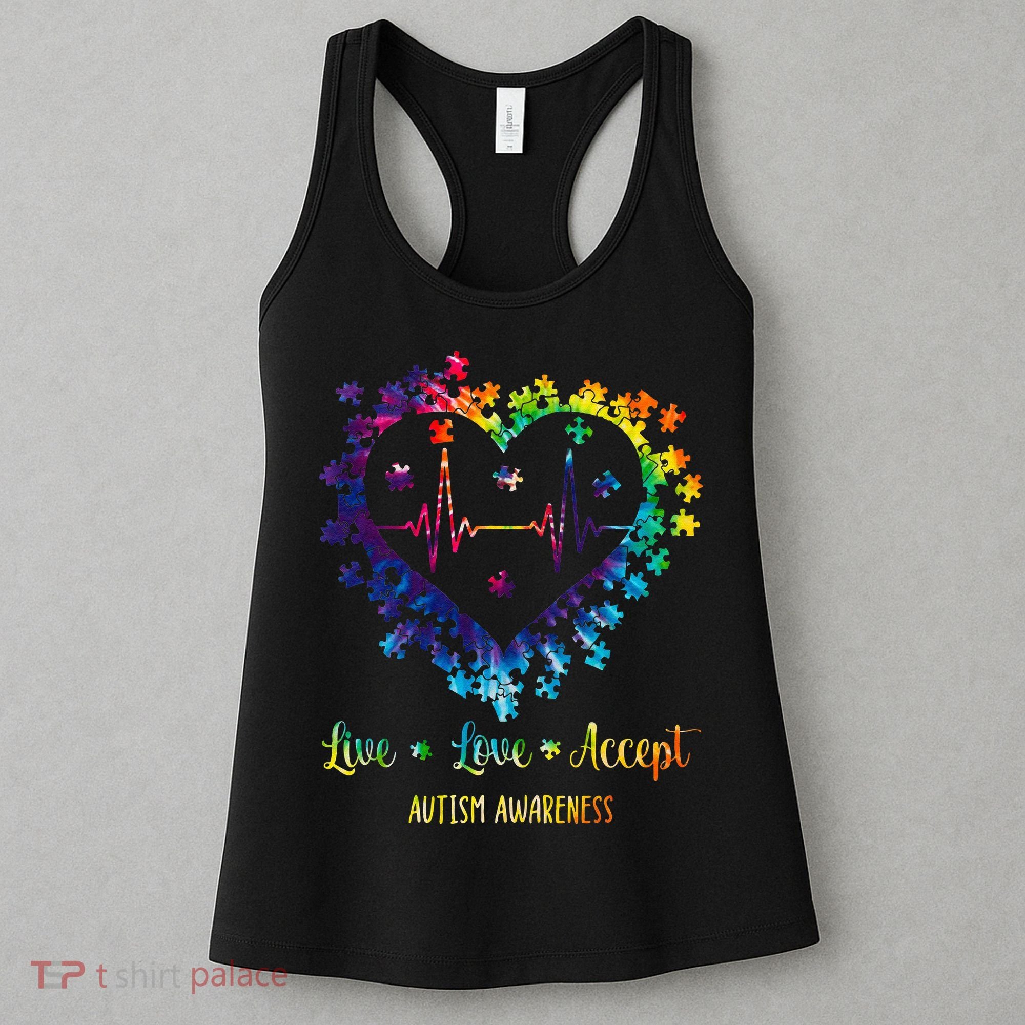 Live Love Accept Autism Awareness Tie Dye Autism Heartbeat Women's Tank Top