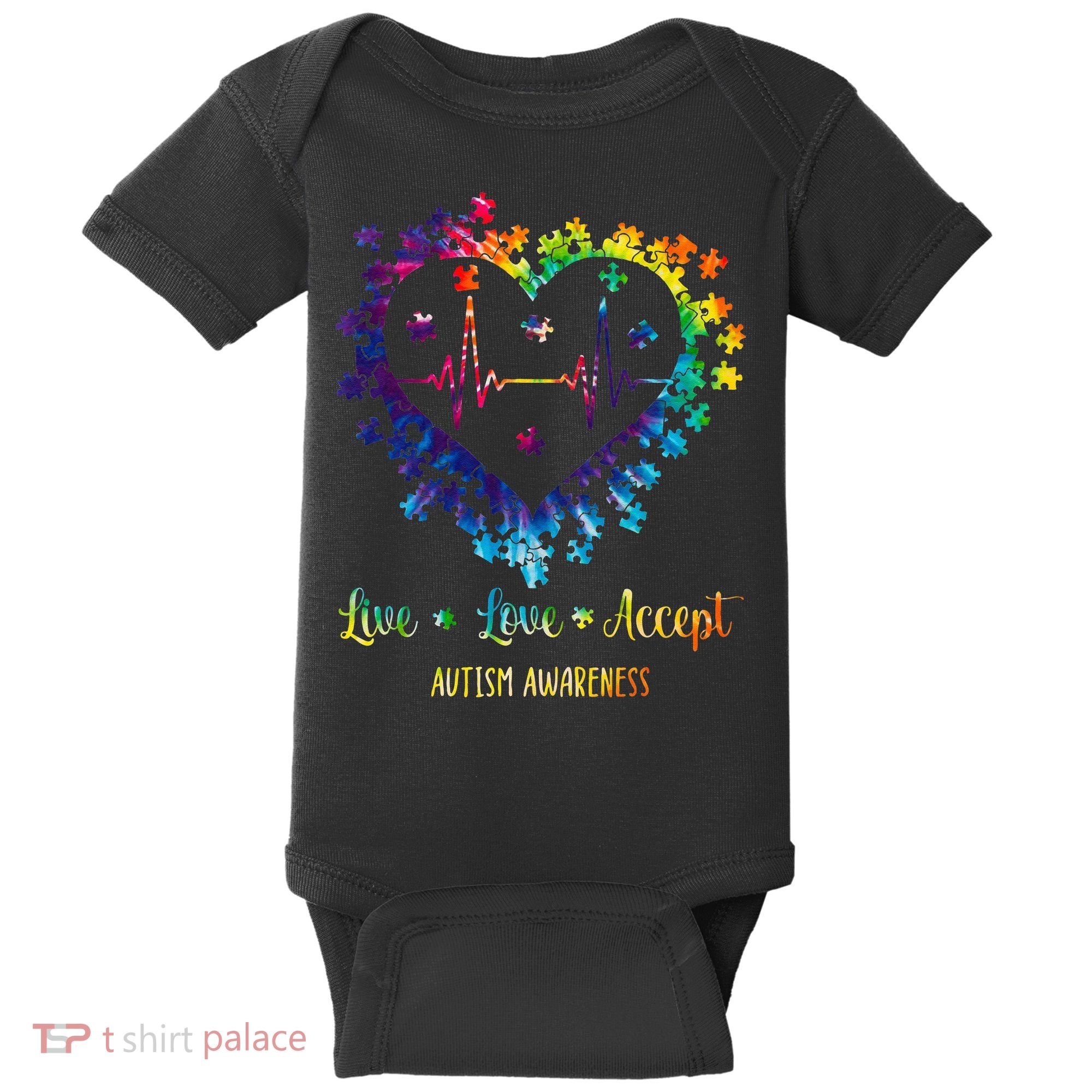 Live Love Accept Autism Awareness Tie Dye Autism Heartbeat Baby Bodysuit